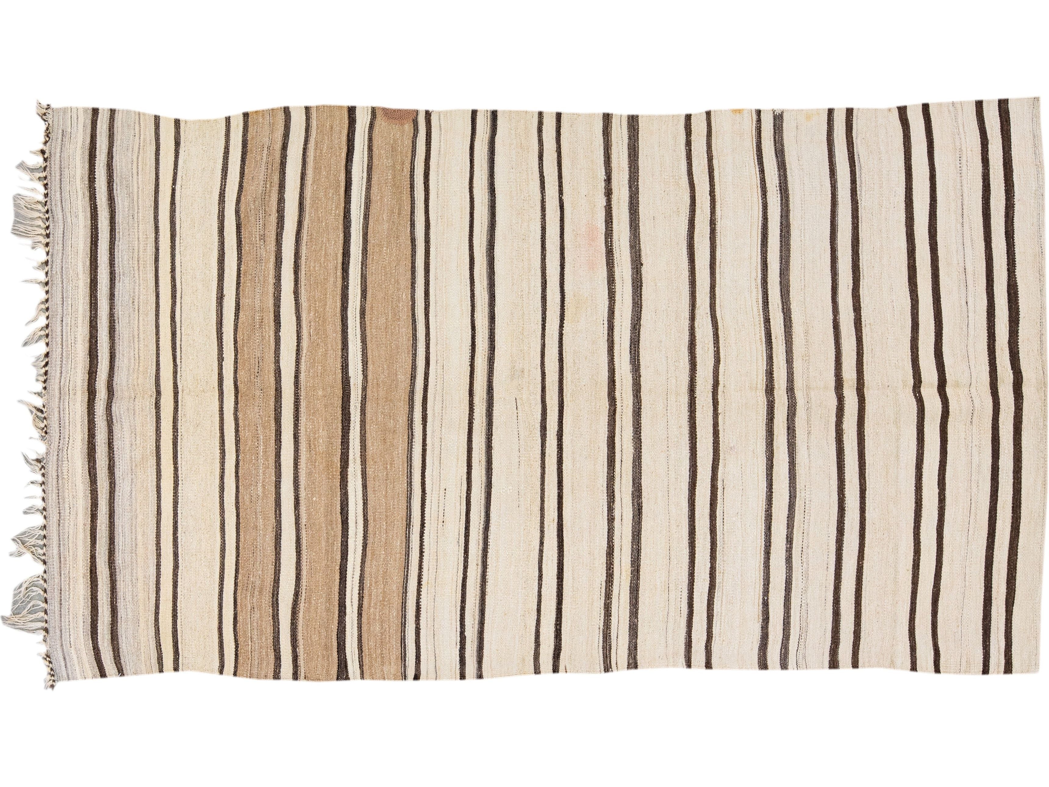 Beige And Brown Striped Vintage Kilim Handmade Flatweave Wool Rug