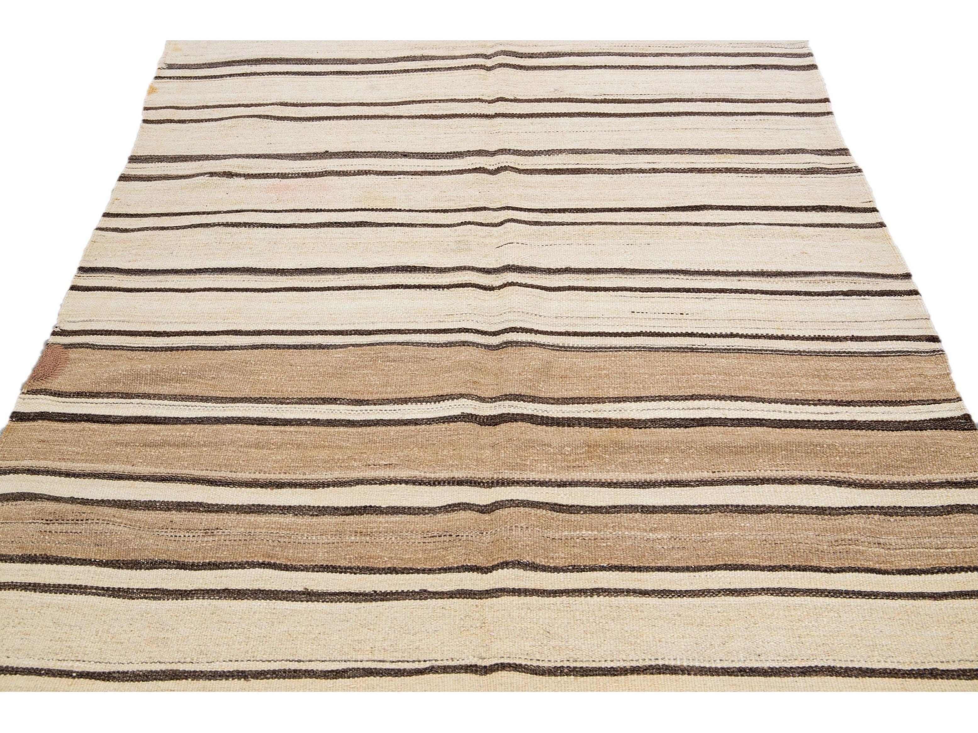 Beige And Brown Striped Vintage Kilim Handmade Flatweave Wool Rug