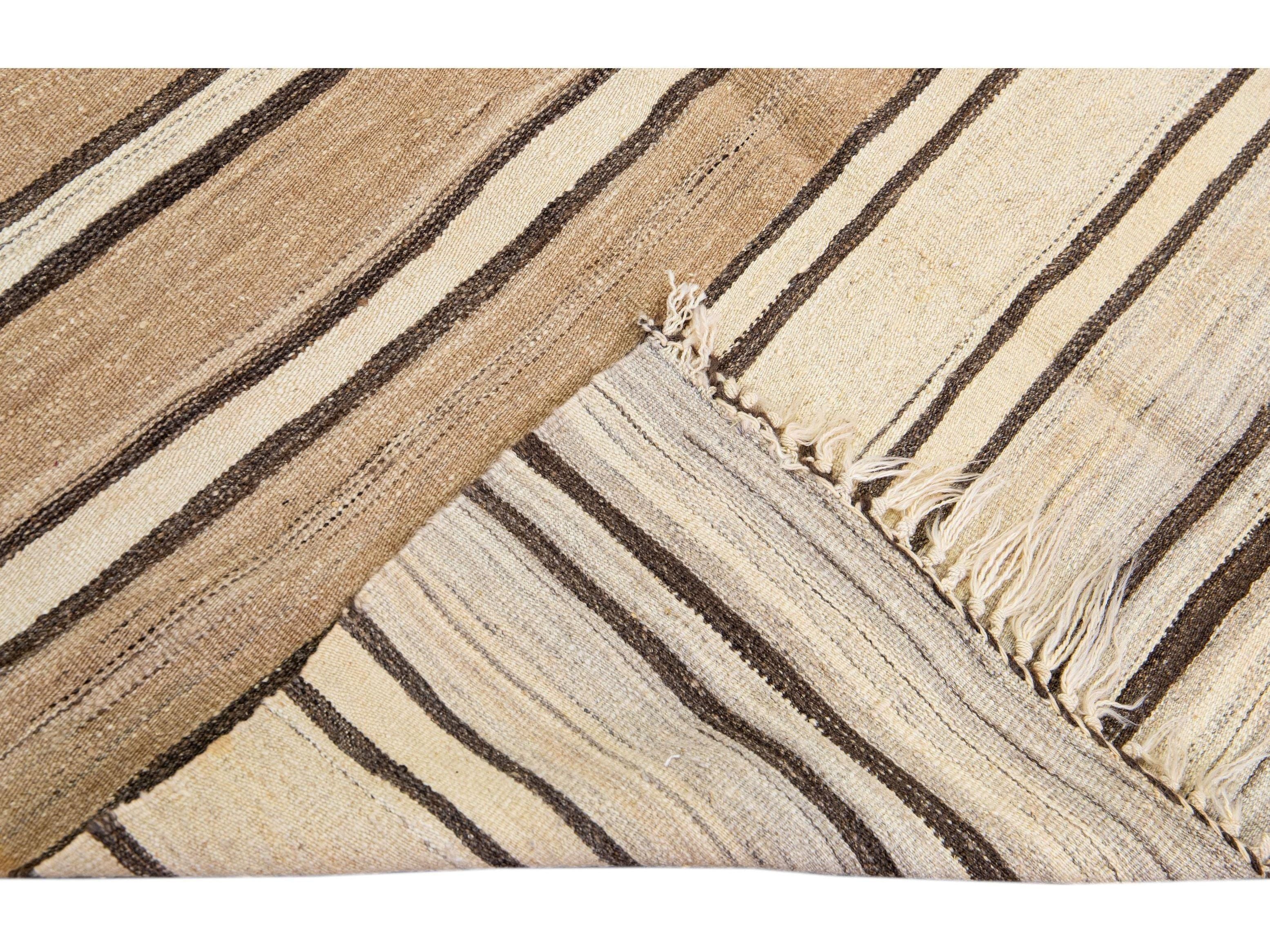 Beige And Brown Striped Vintage Kilim Handmade Flatweave Wool Rug