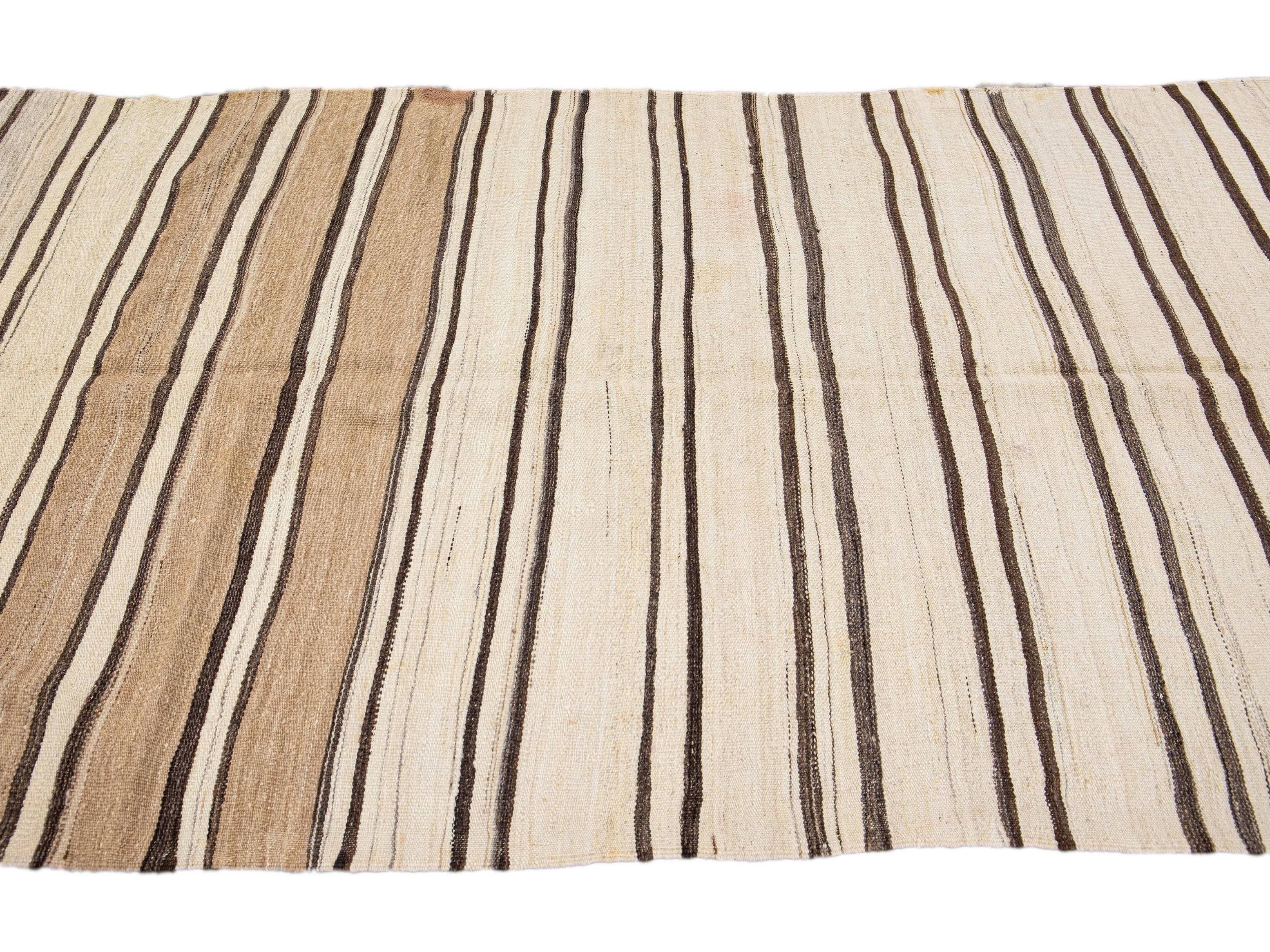 Beige And Brown Striped Vintage Kilim Handmade Flatweave Wool Rug