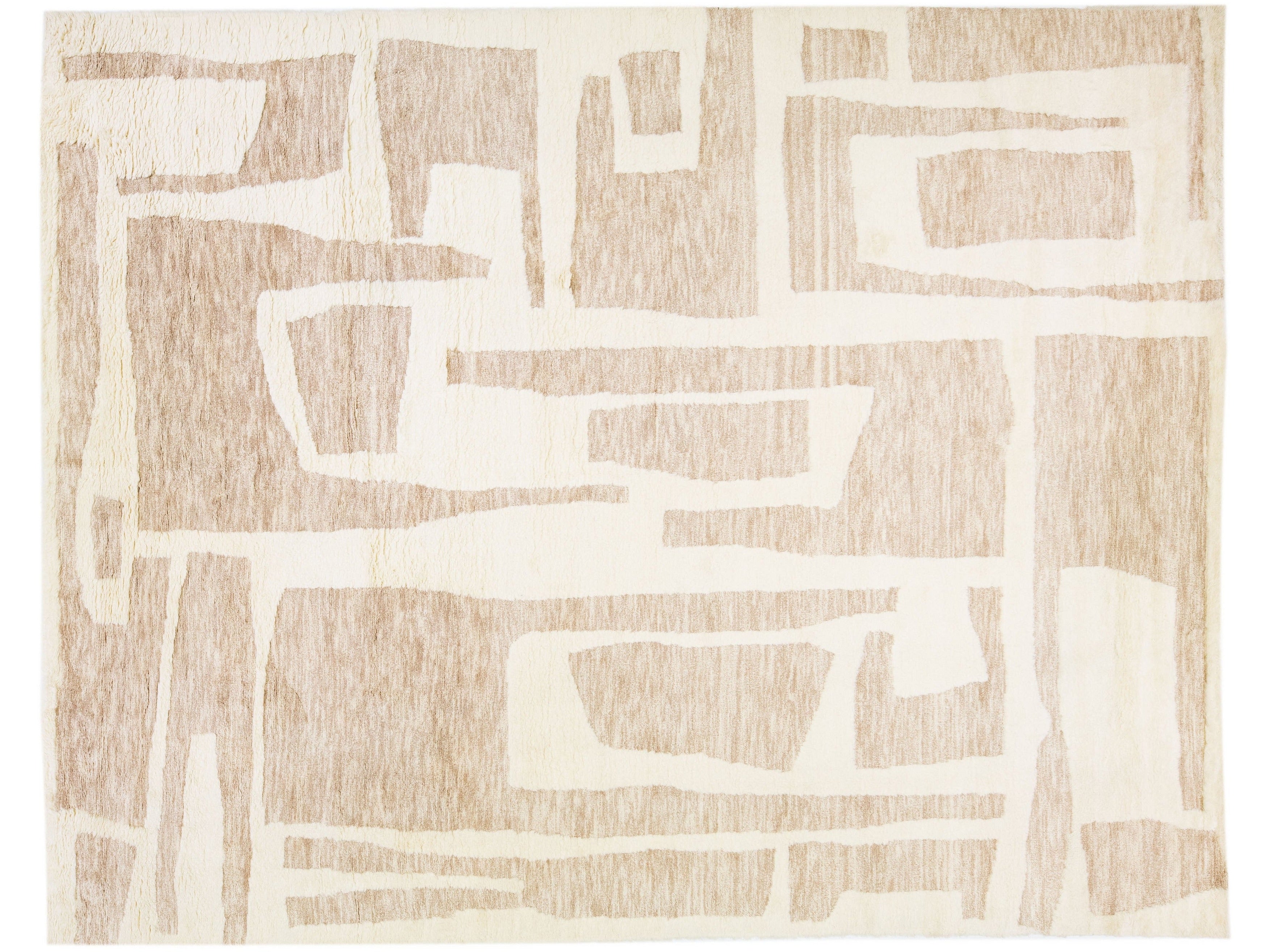 Light Brown Modern Moroccan Style Handmade Abstract Wool Rug by Apadana