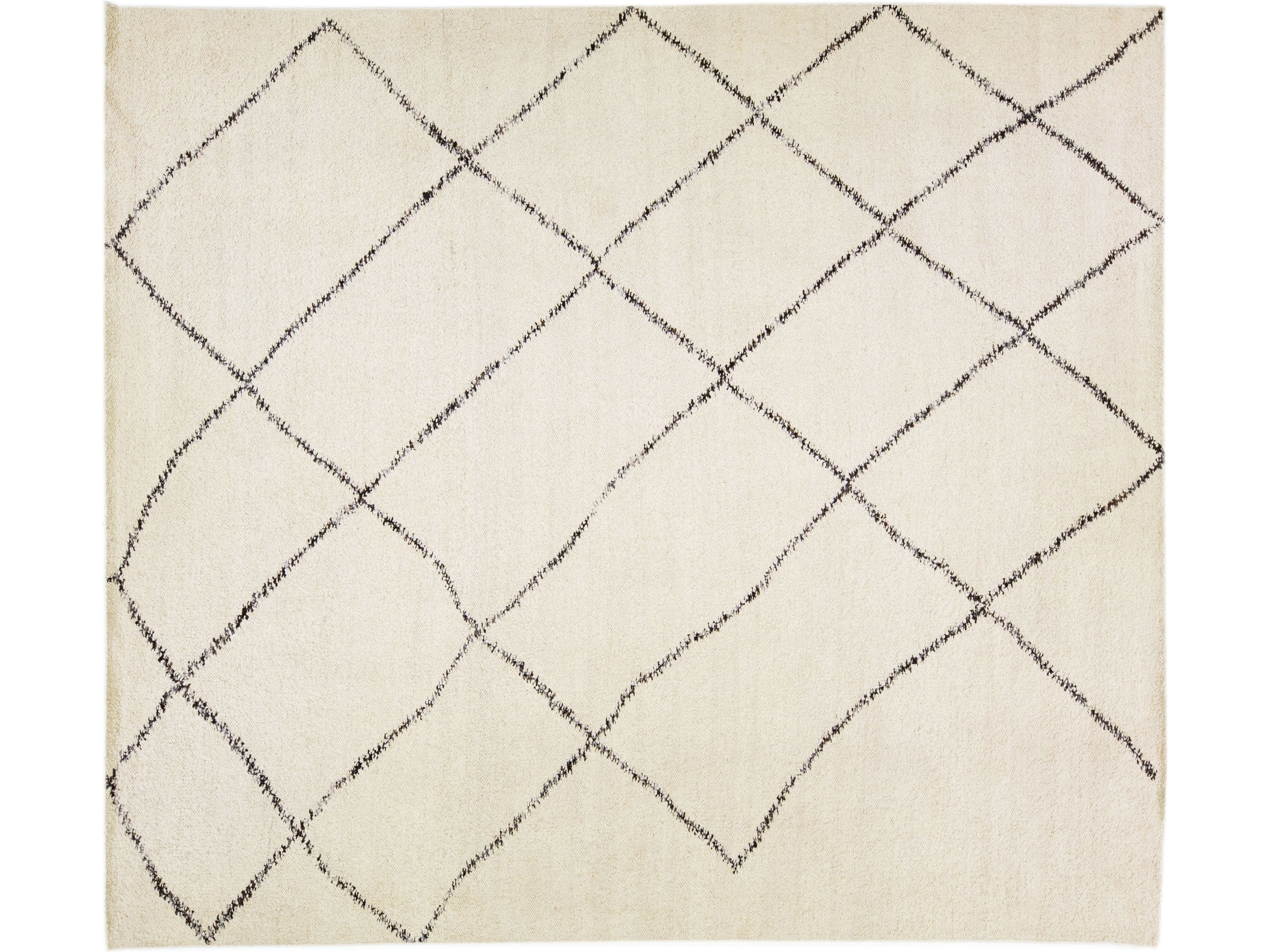 Modern Moroccan Style Handmade Ivory Geometric Wool Rug