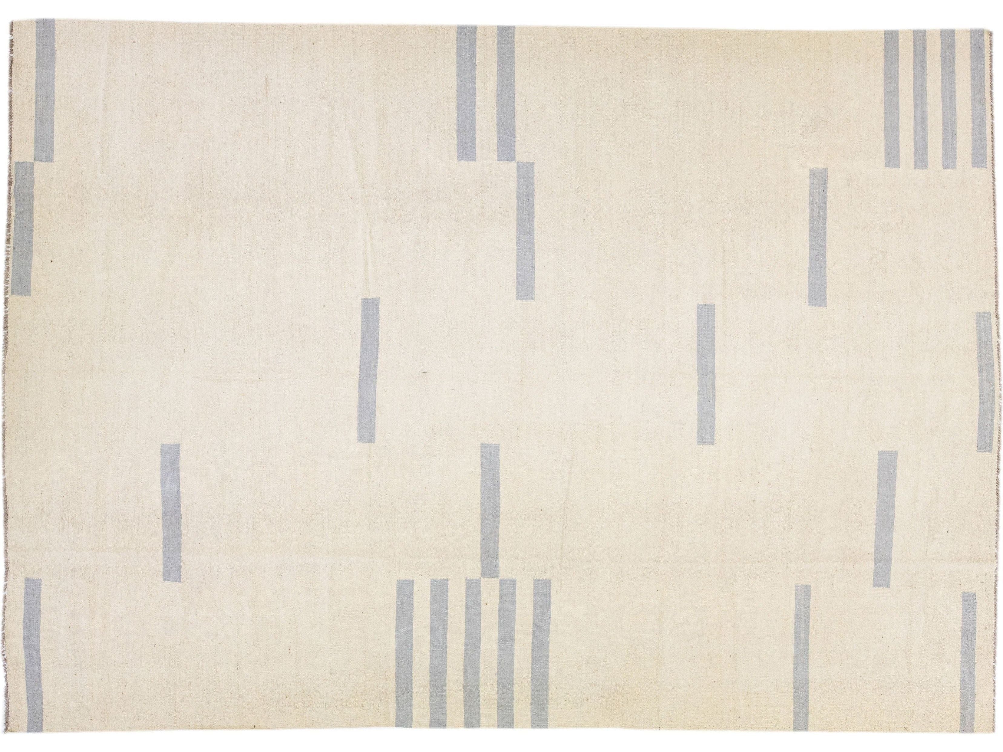 Beige Modern Kilim Flat-Weave Geometric Room Size Wool Rug