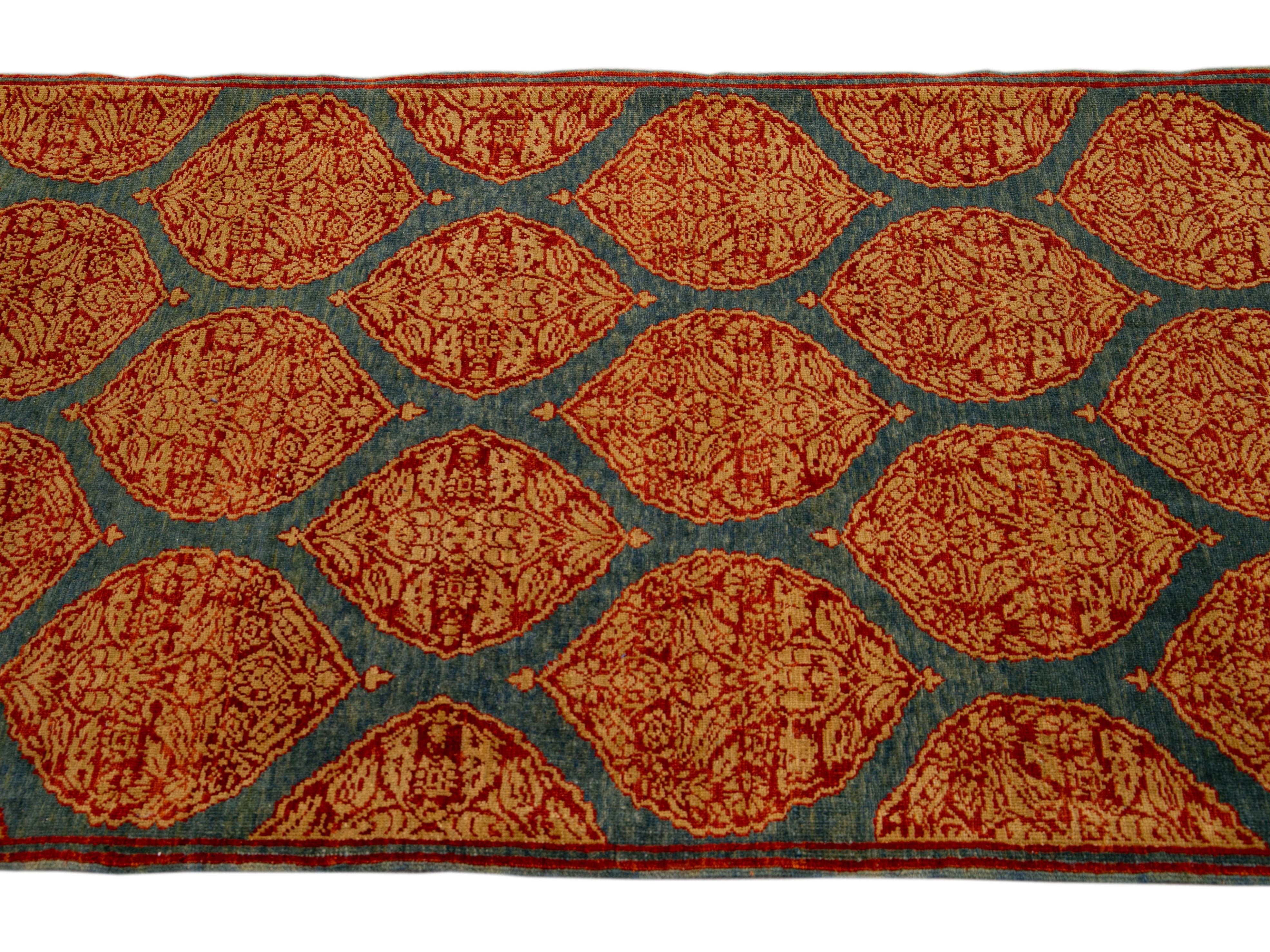 Blue Transitional Sari Silk Handmade Rusted Floral Pattern Designed Runner