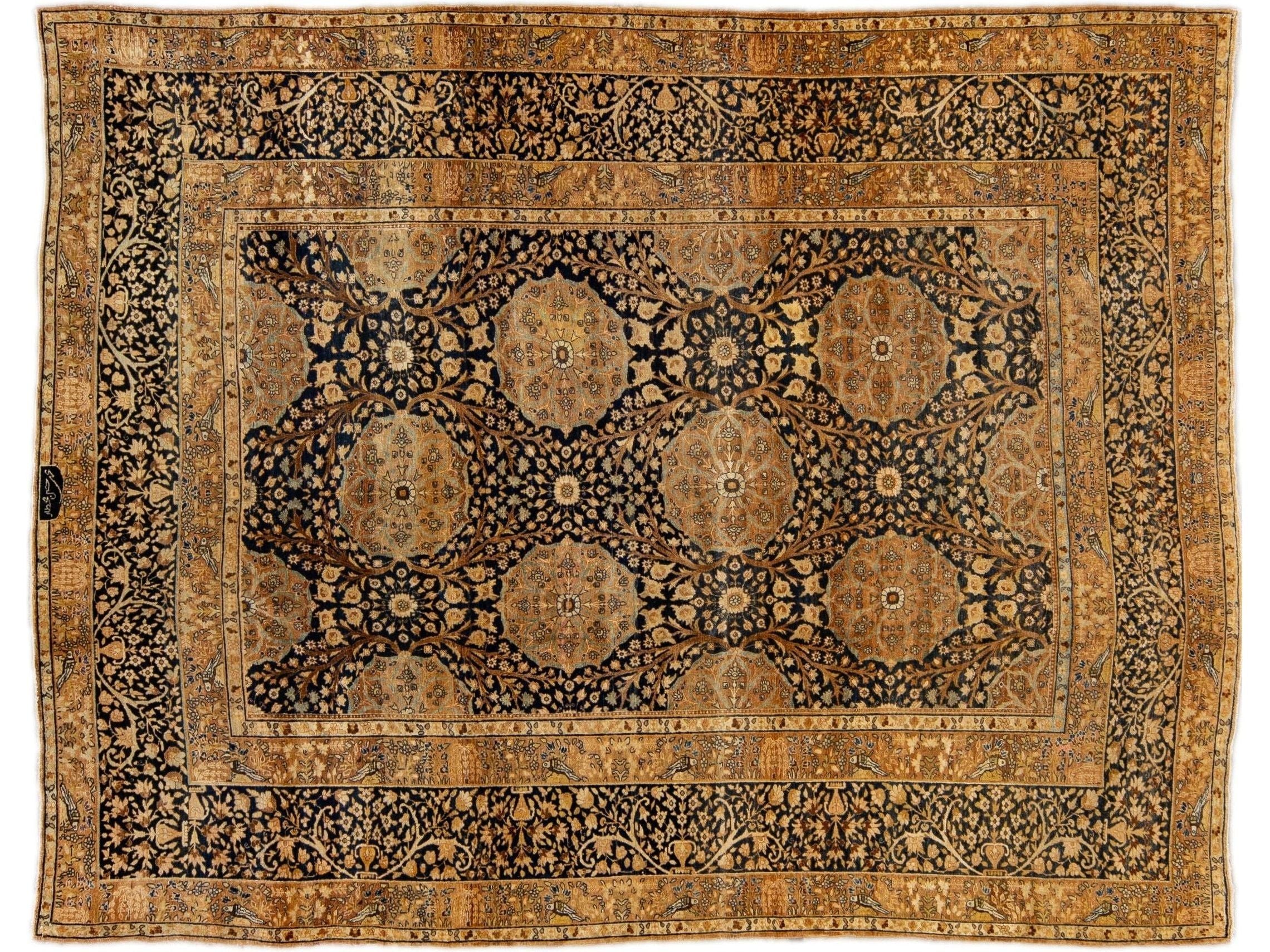 Antique Persian Kerman Handmade Allover Floral Blue and Tan Wool Rug