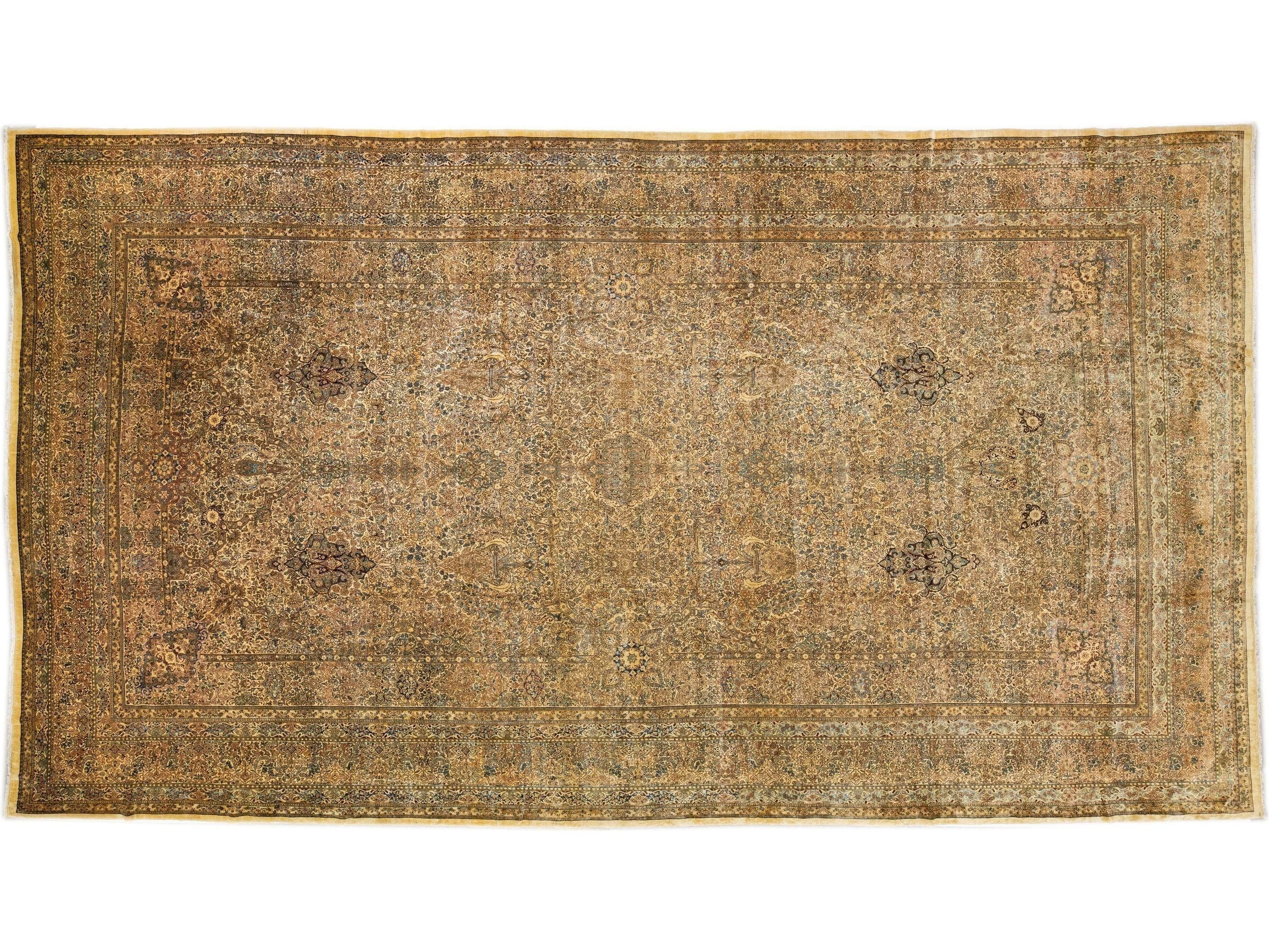 Oversize Antique Kerman Handmade Beige Persian Wool Rug with Allover Pattern