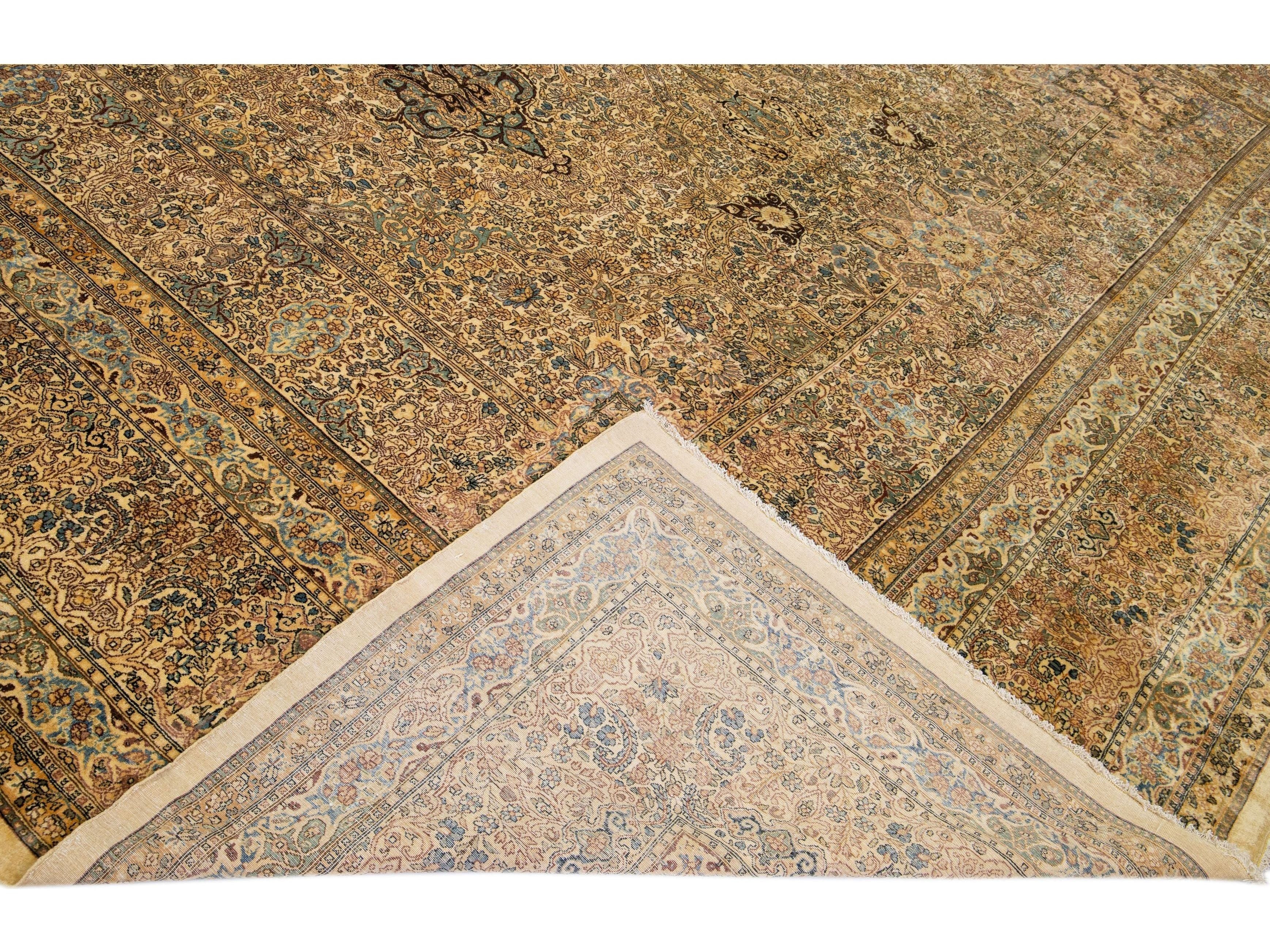 Oversize Antique Kerman Handmade Beige Persian Wool Rug with Allover Pattern