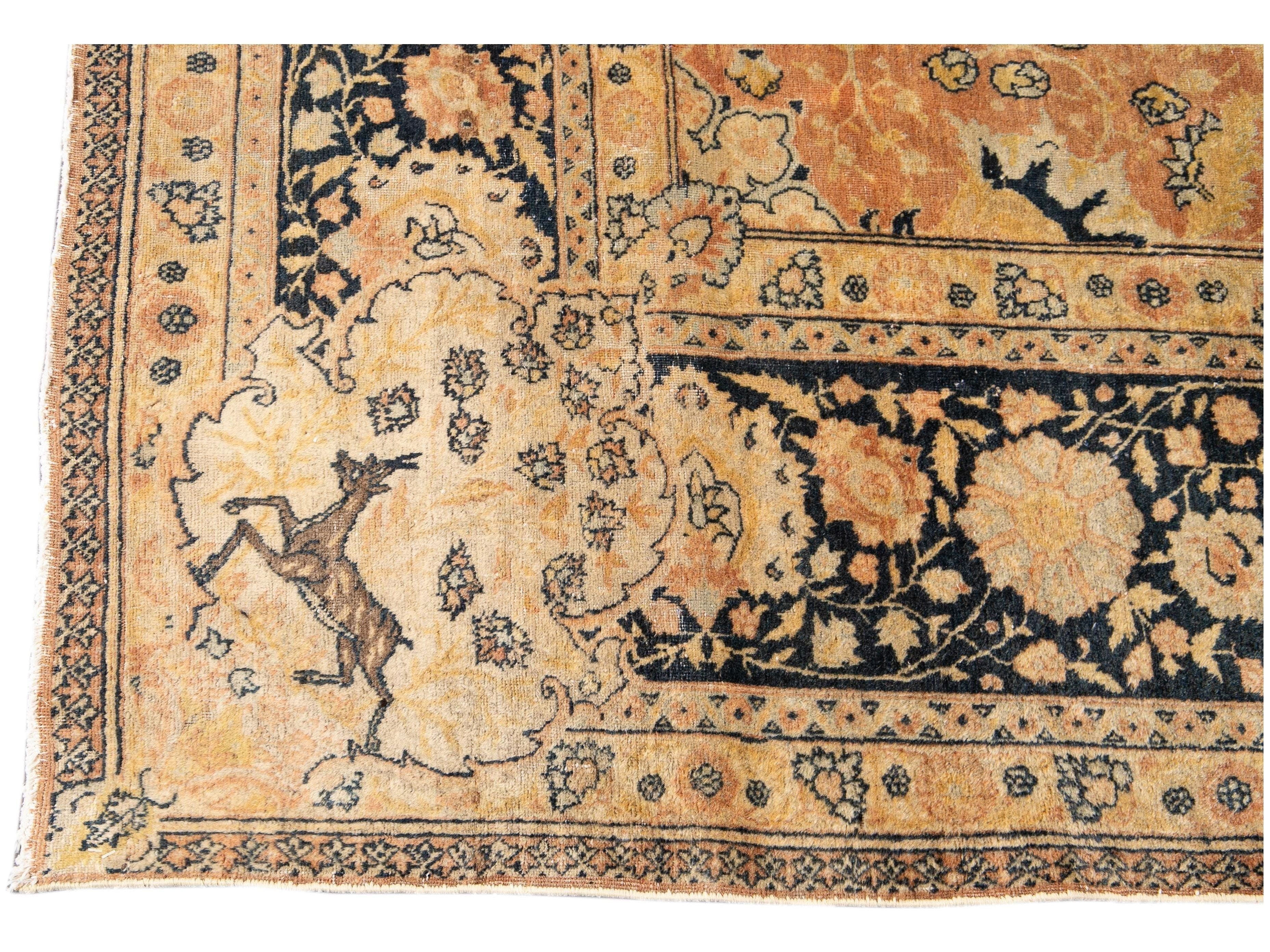 Antique Indian Agra Handmade Medallion Motif Peach Oversize Wool Rug