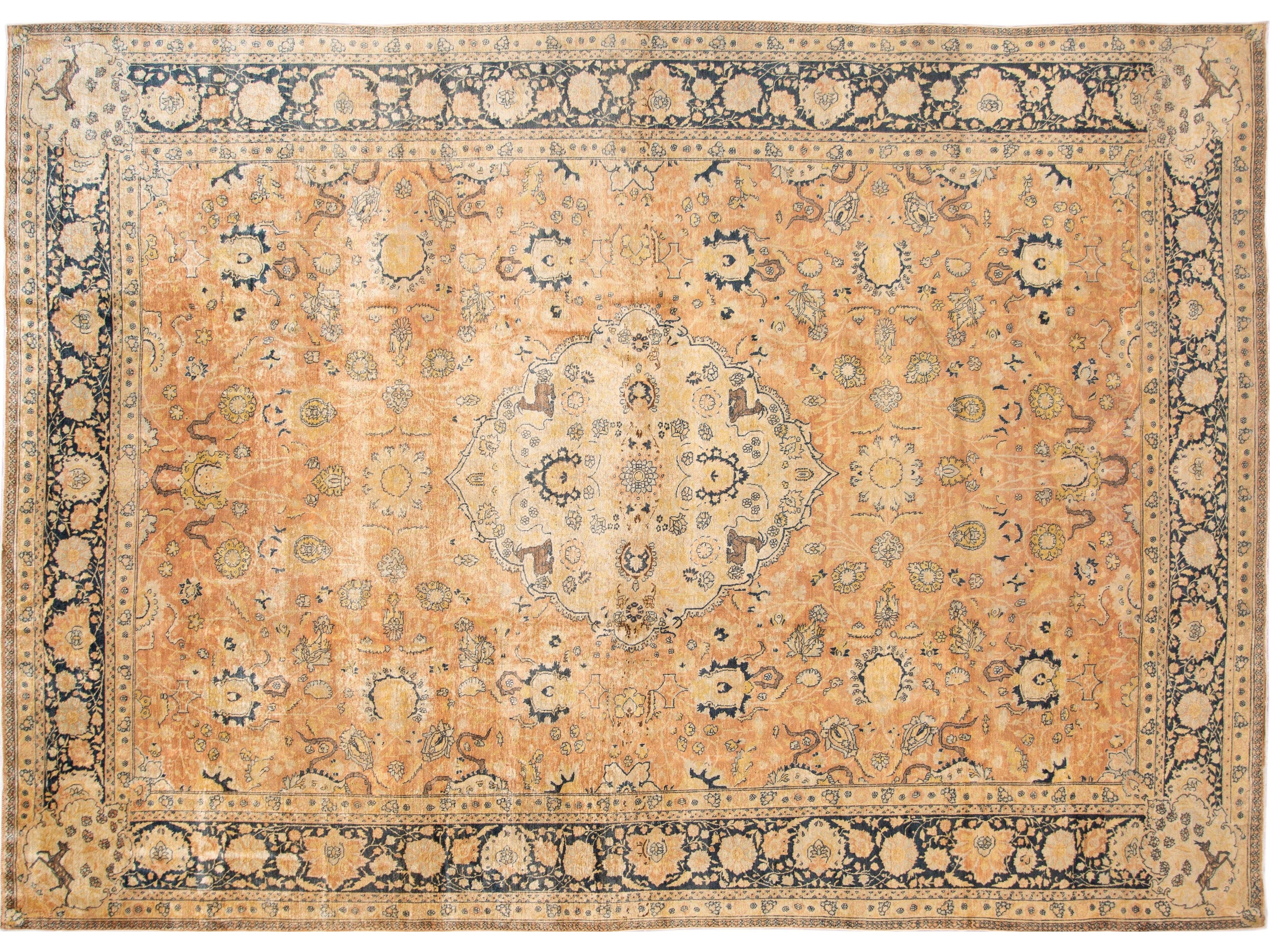 Antique Indian Agra Handmade Medallion Motif Peach Oversize Wool Rug