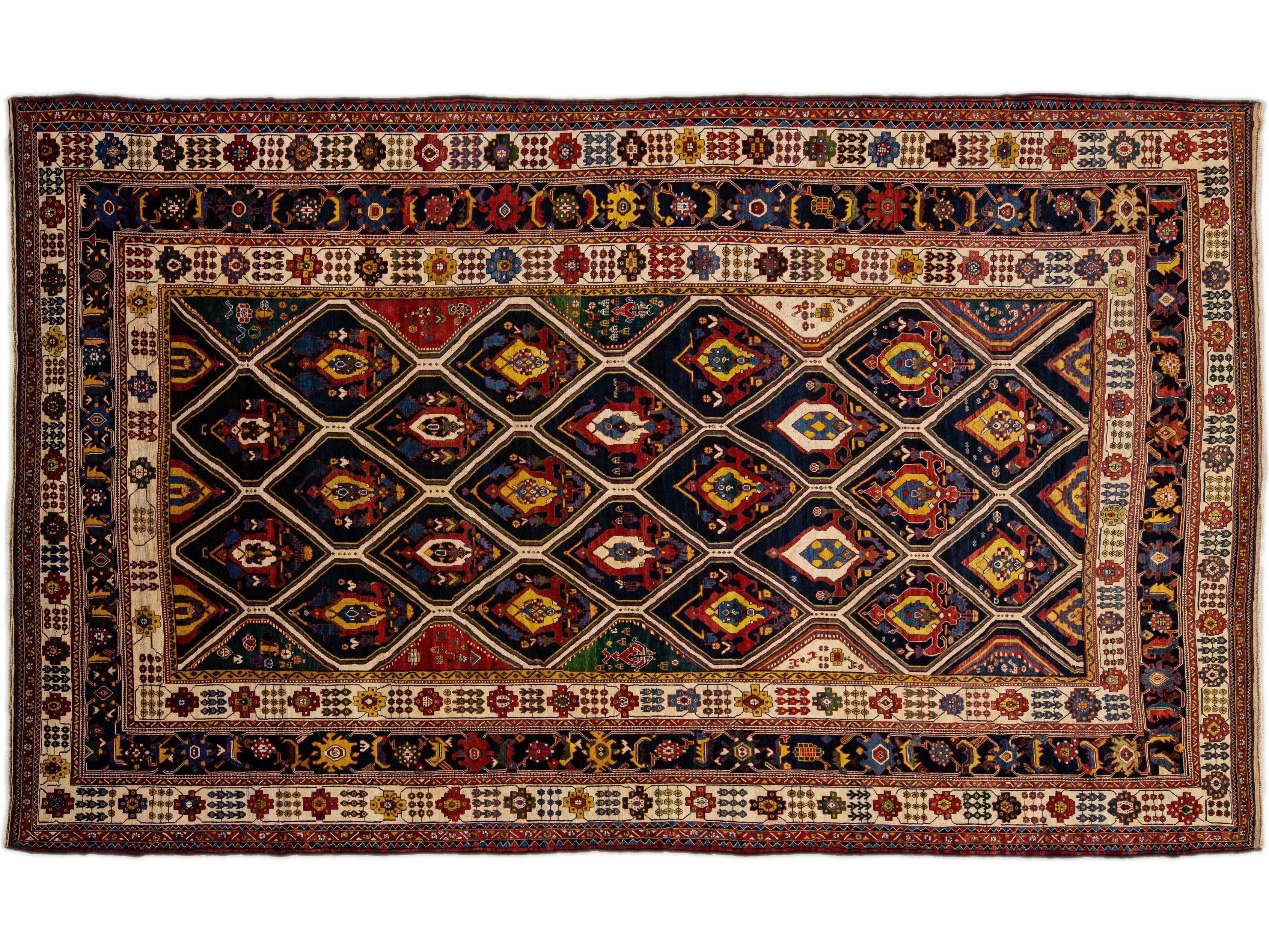 Antique Persian Bakhtiari Handmade Allover Designed Multicolor Oversize Wool Rug