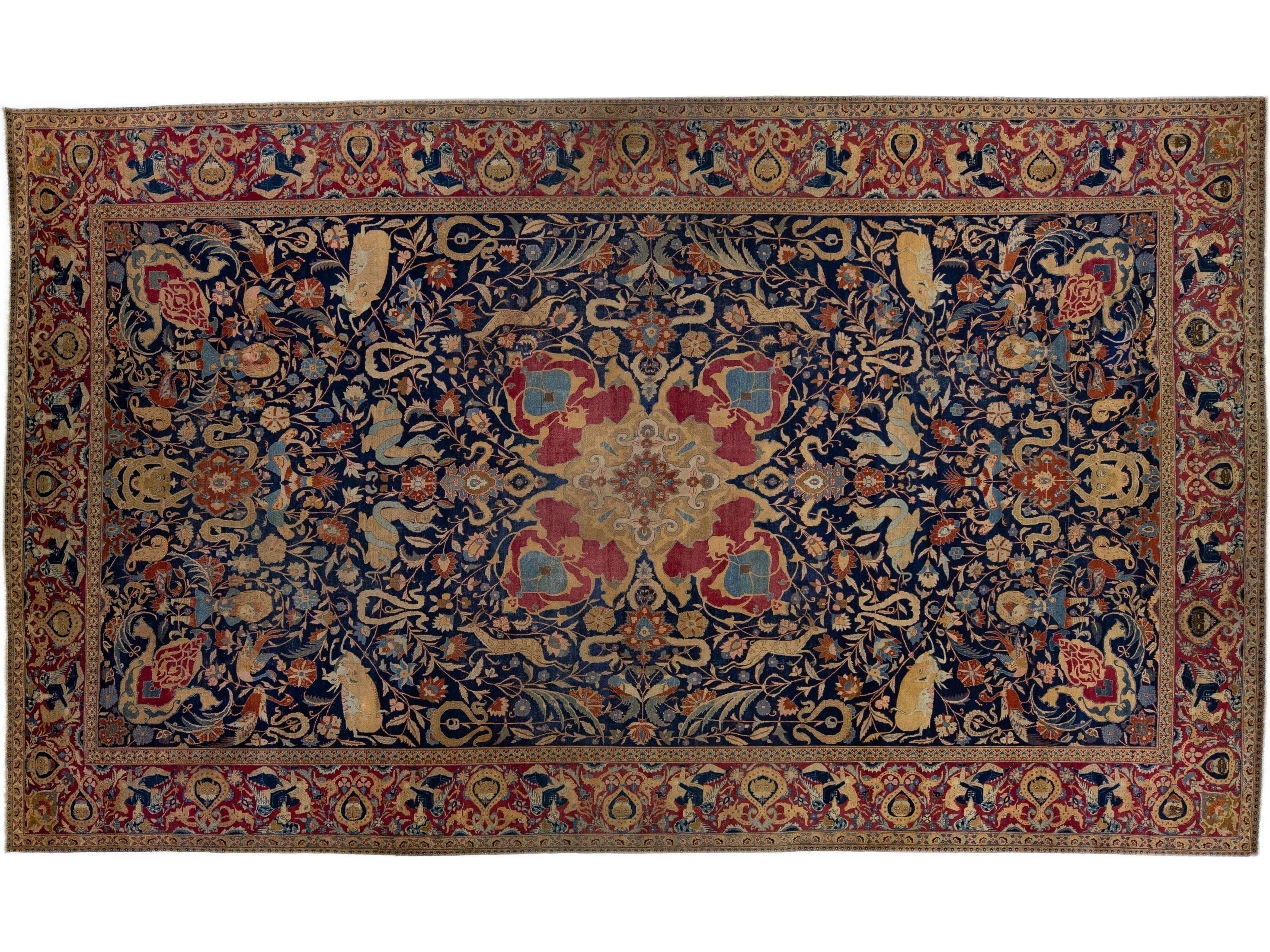 19th Century, Blue Antique Persian Tabriz Handmade Allover Wool Rug