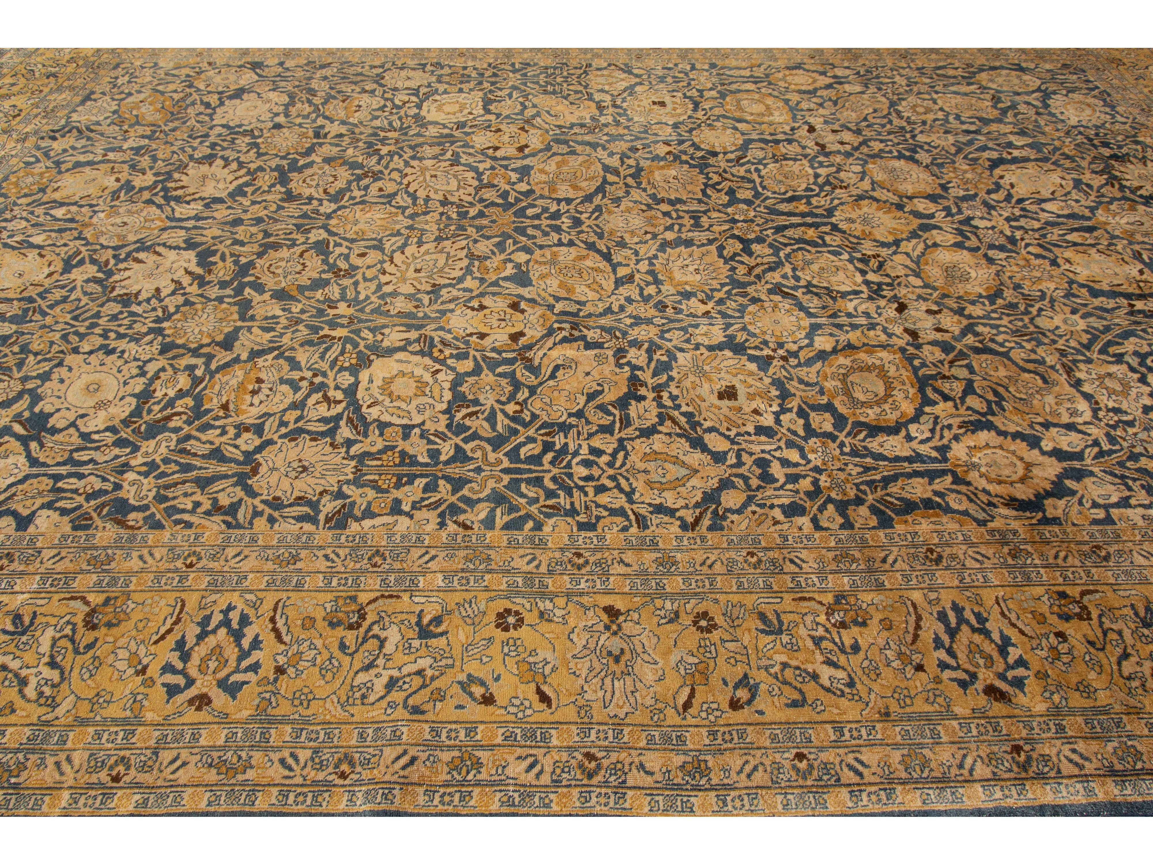 Blue Antique Persian Tabriz Handmade Allover Floral Oversize Wool Rug