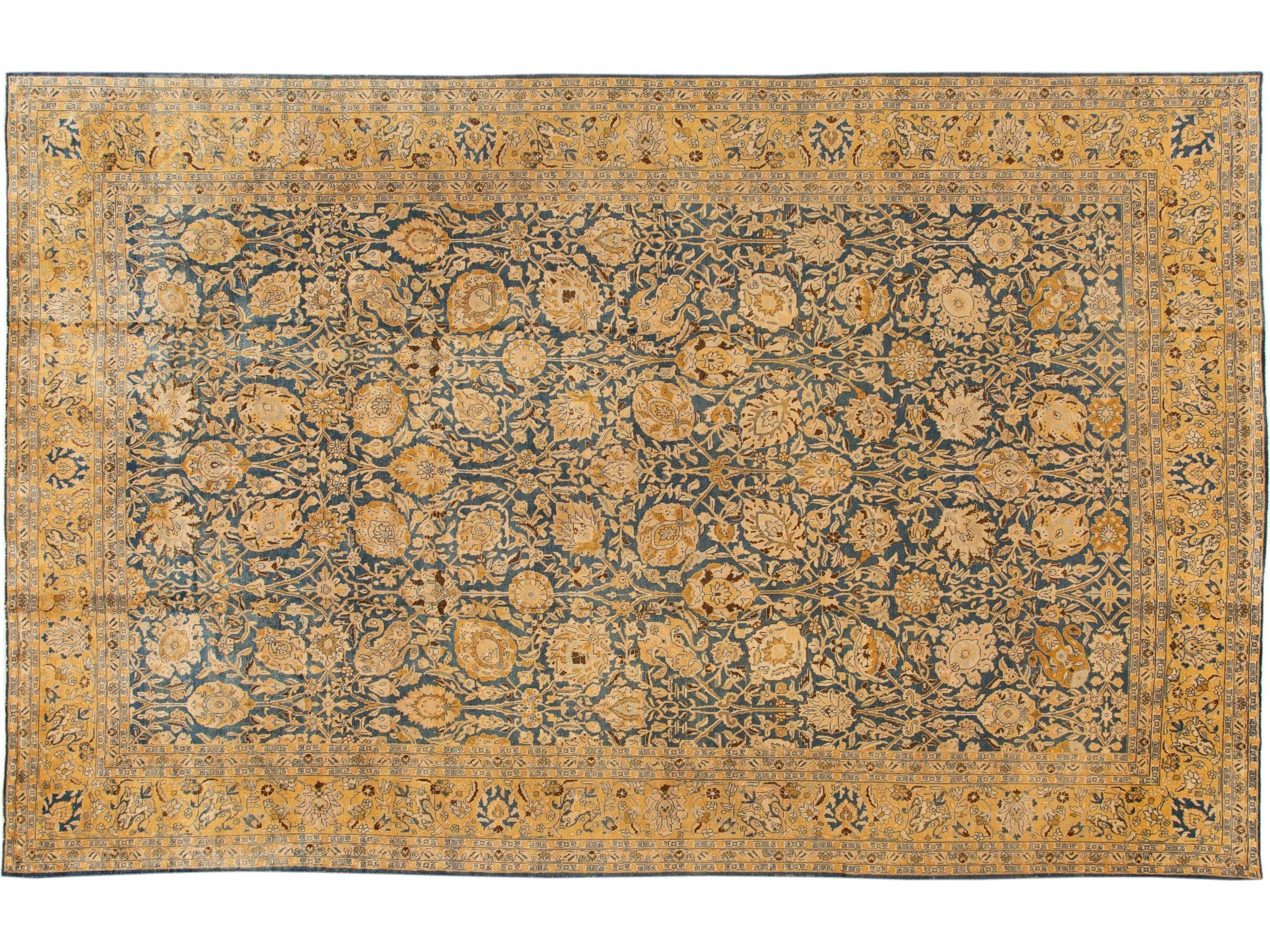 Blue Antique Persian Tabriz Handmade Allover Floral Oversize Wool Rug