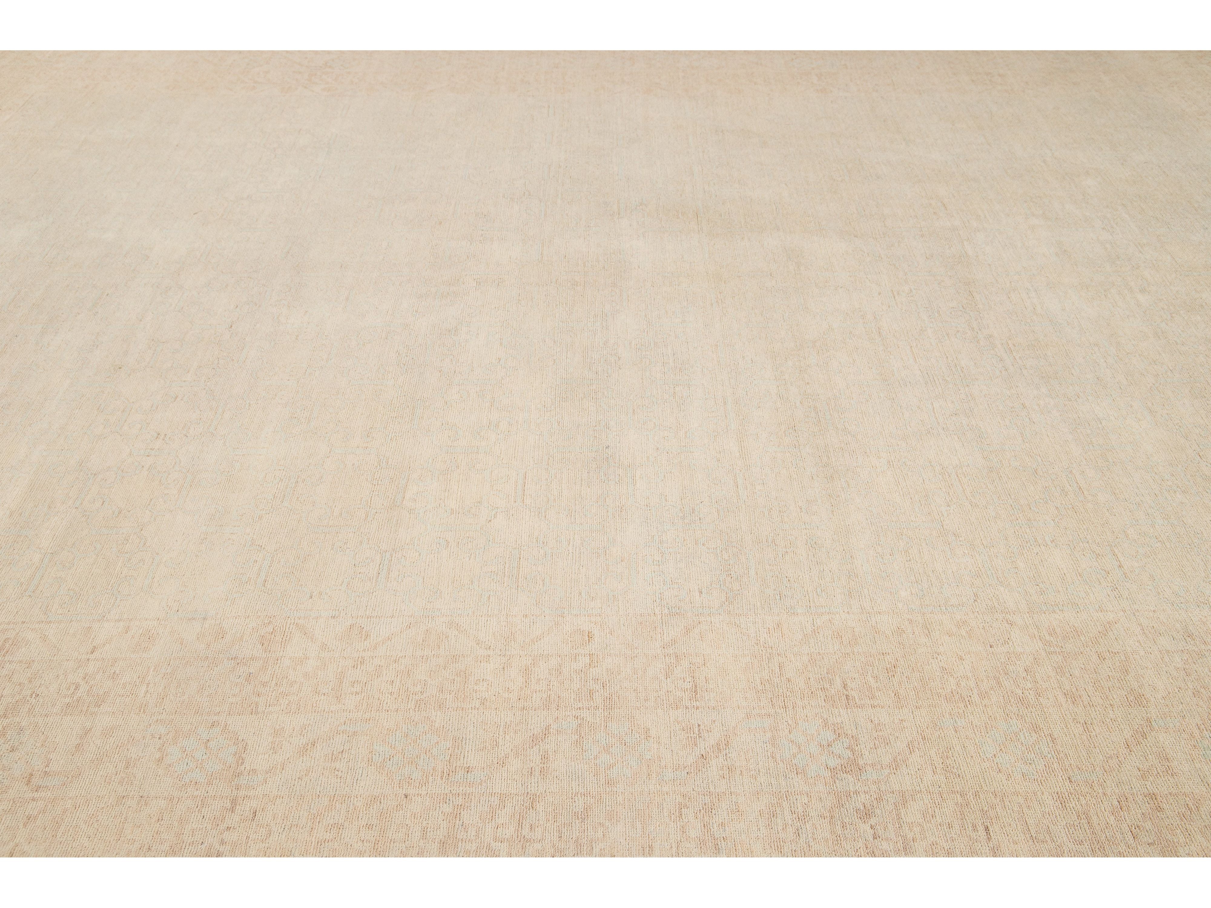 Modern Peshawar Pakistani Handmade Floral Beige Wool Rug