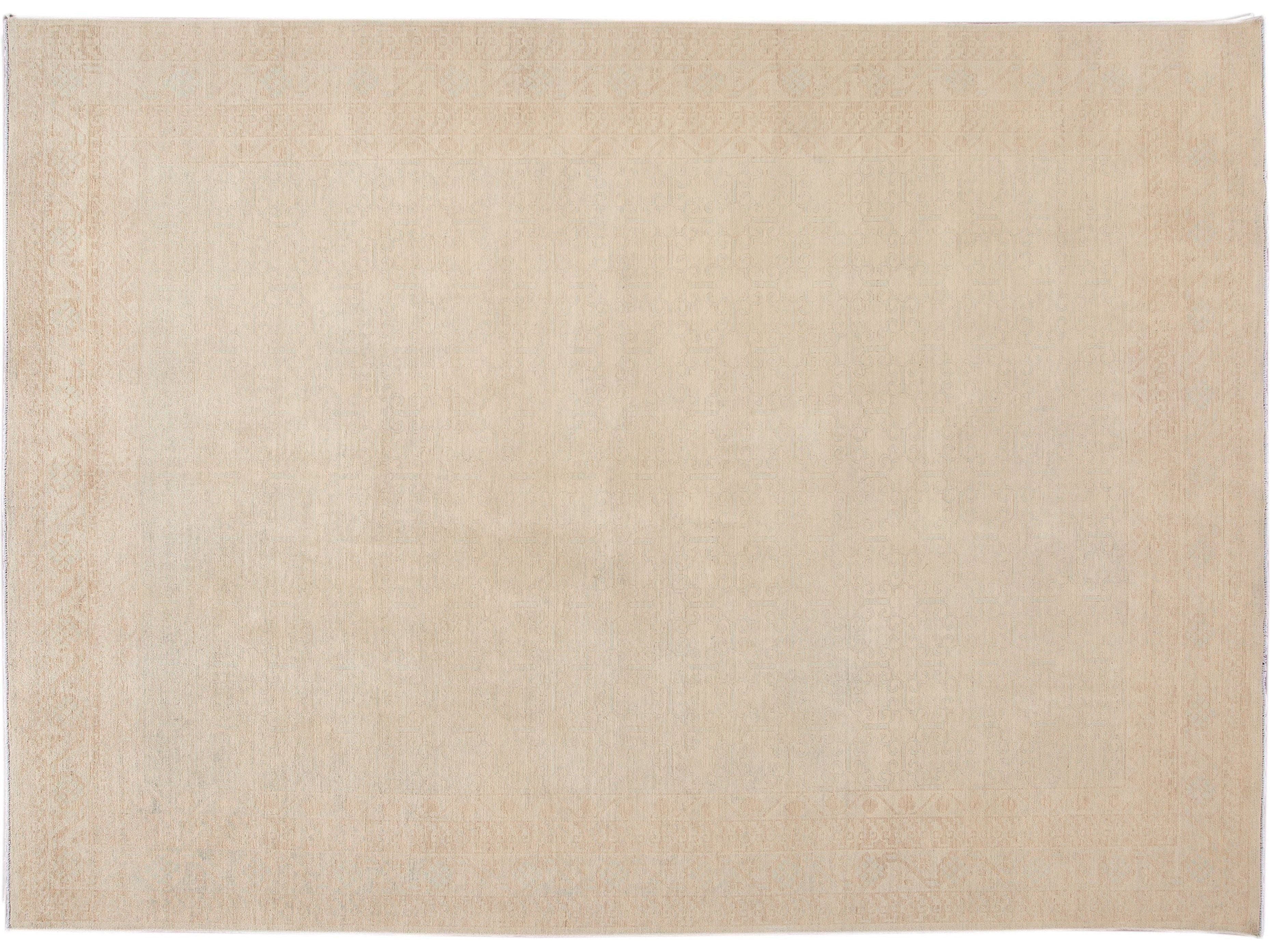 Modern Peshawar Pakistani Handmade Floral Beige Wool Rug