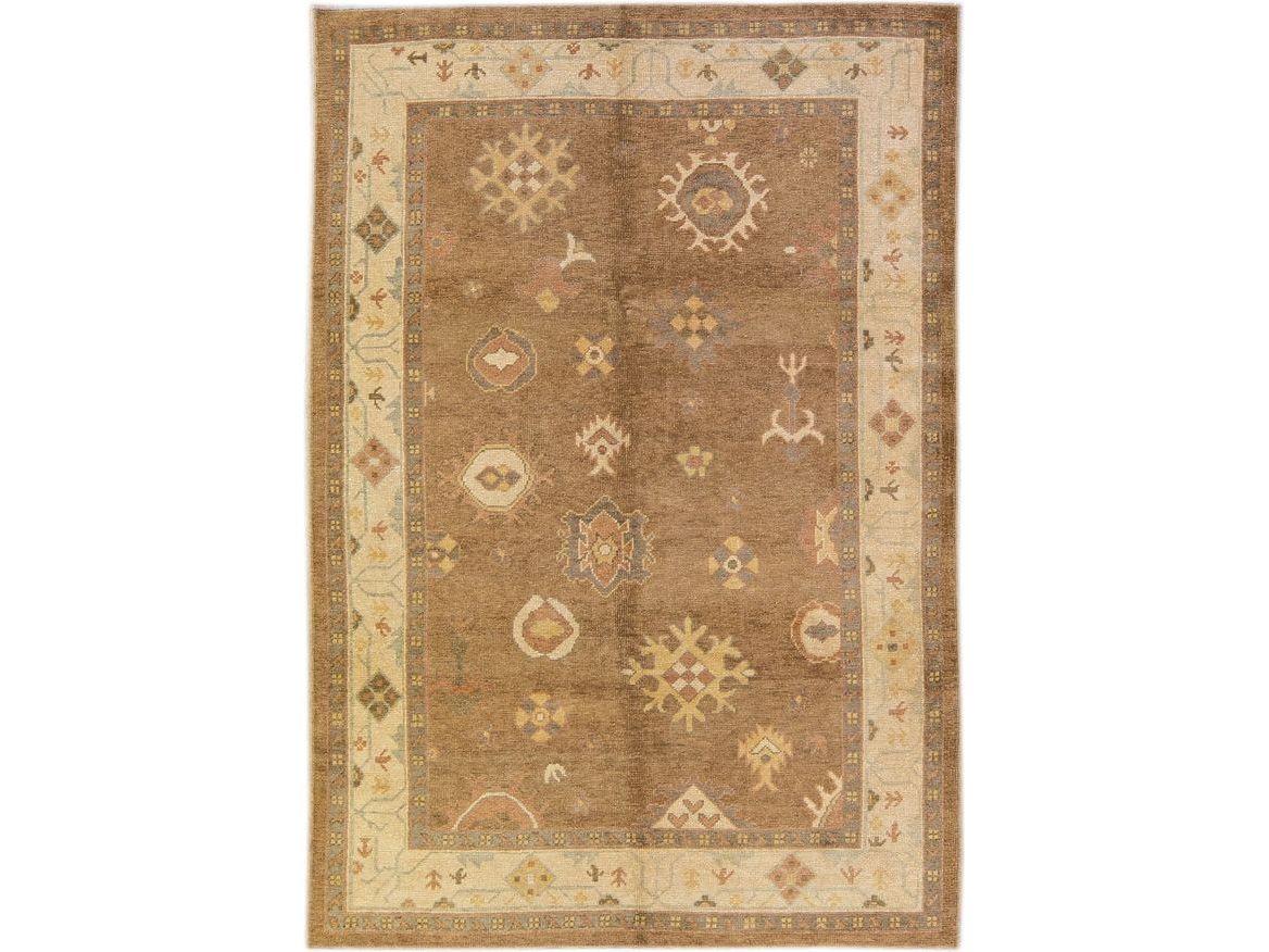 Modern Turkish Oushak Handmade Floral Motif Brown Wool Rug 
