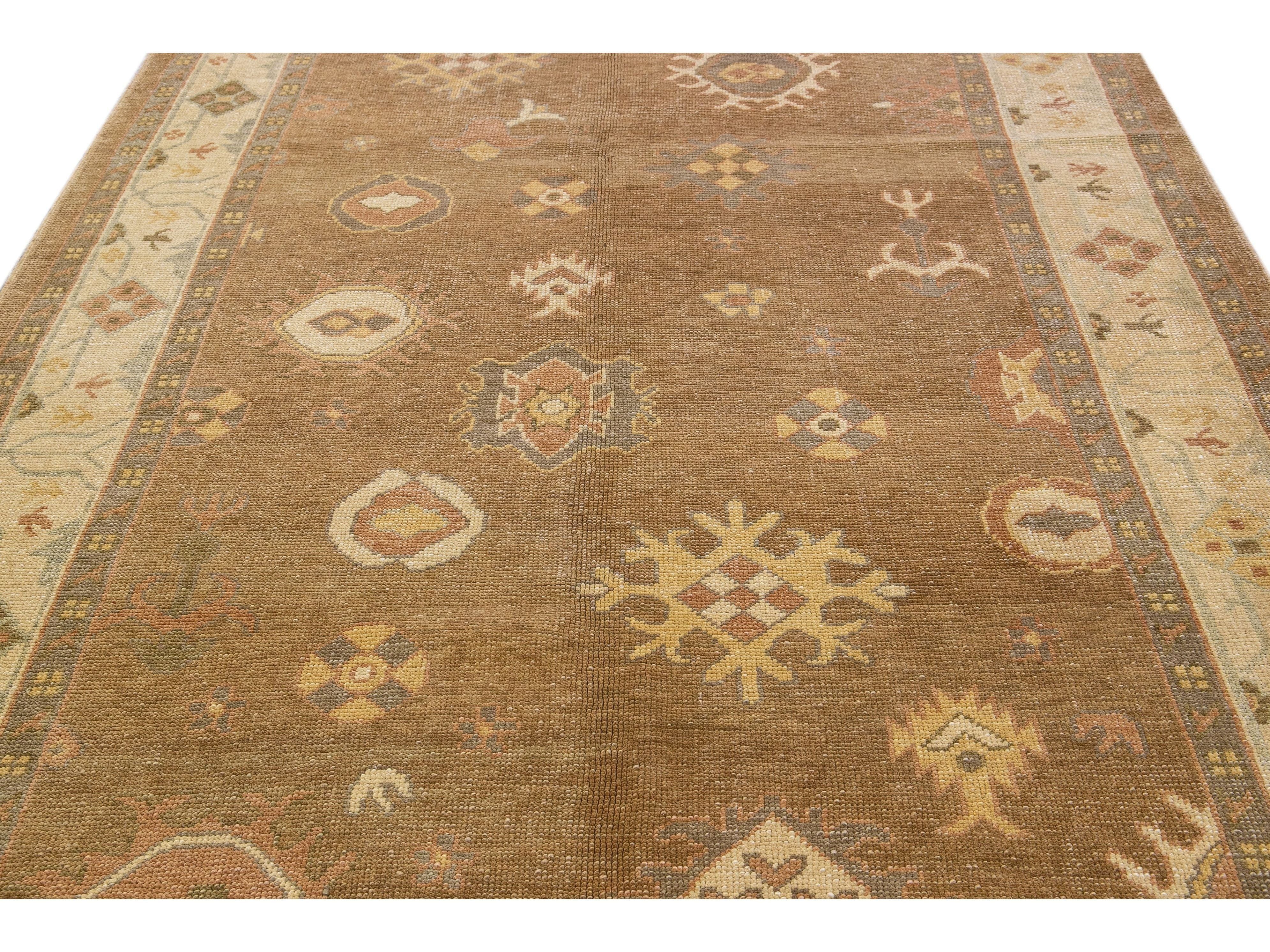 Modern Turkish Oushak Handmade Floral Motif Brown Wool Rug 