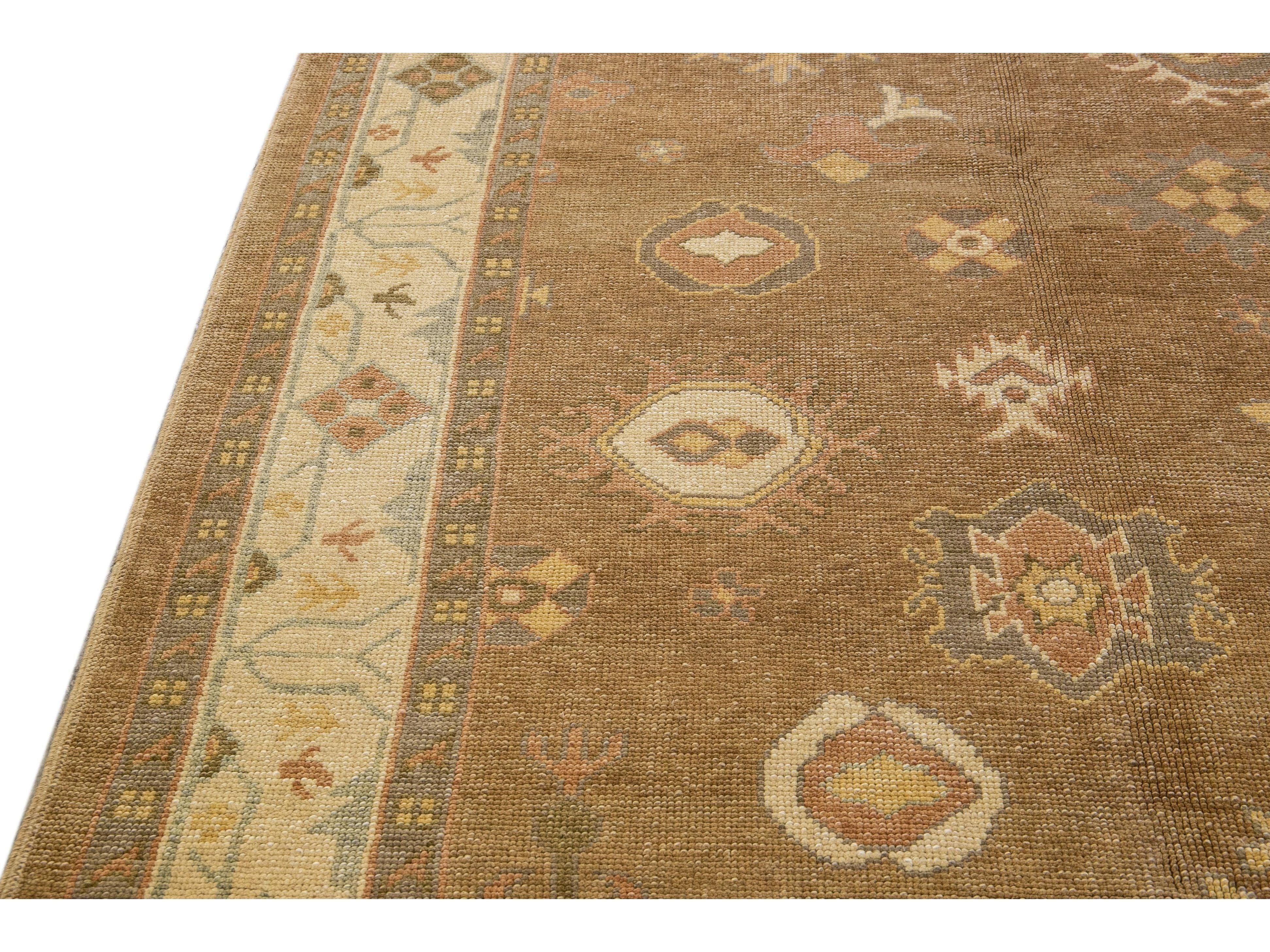 Modern Turkish Oushak Handmade Floral Motif Brown Wool Rug 