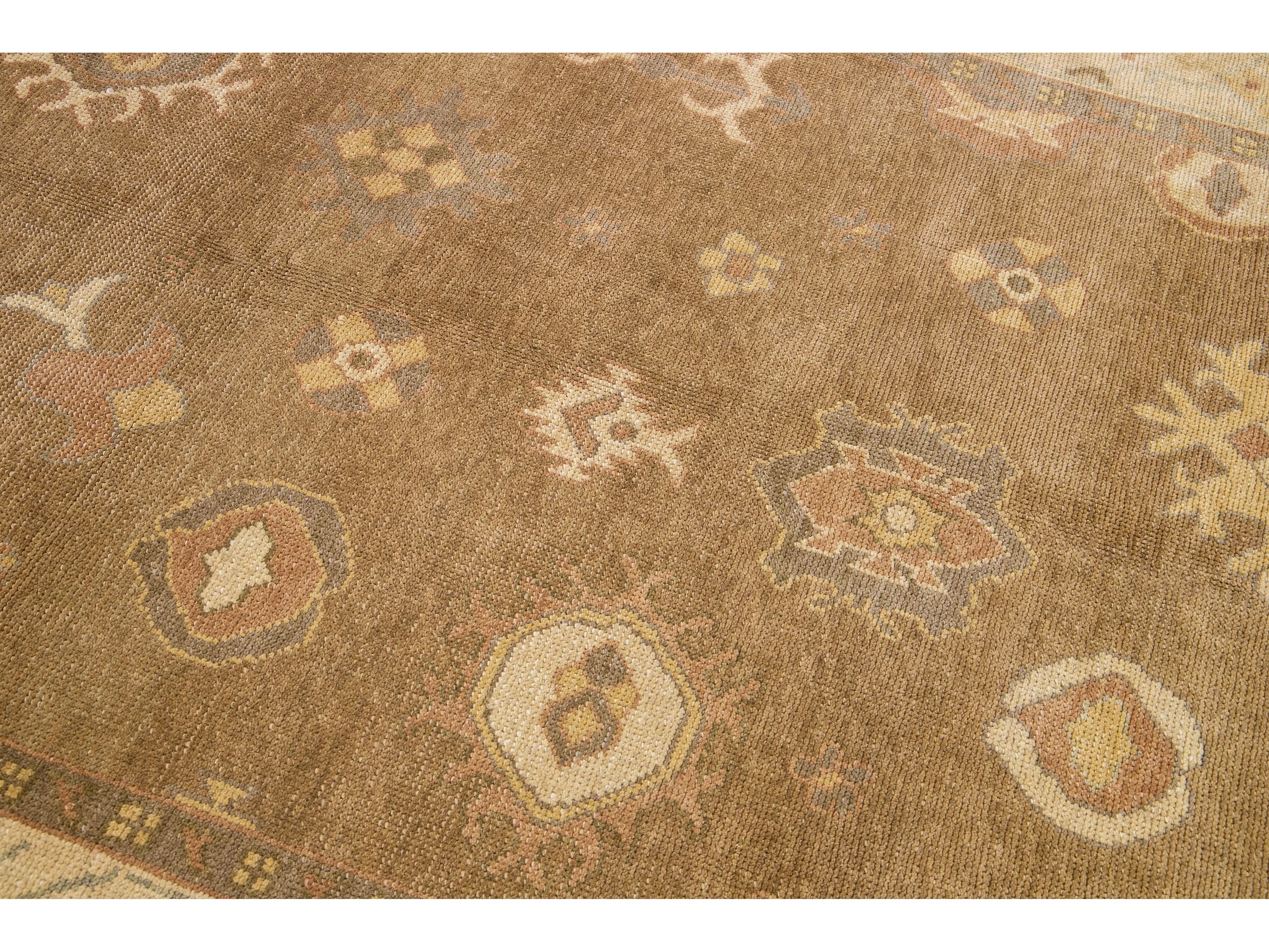 Modern Turkish Oushak Handmade Floral Motif Brown Wool Rug 