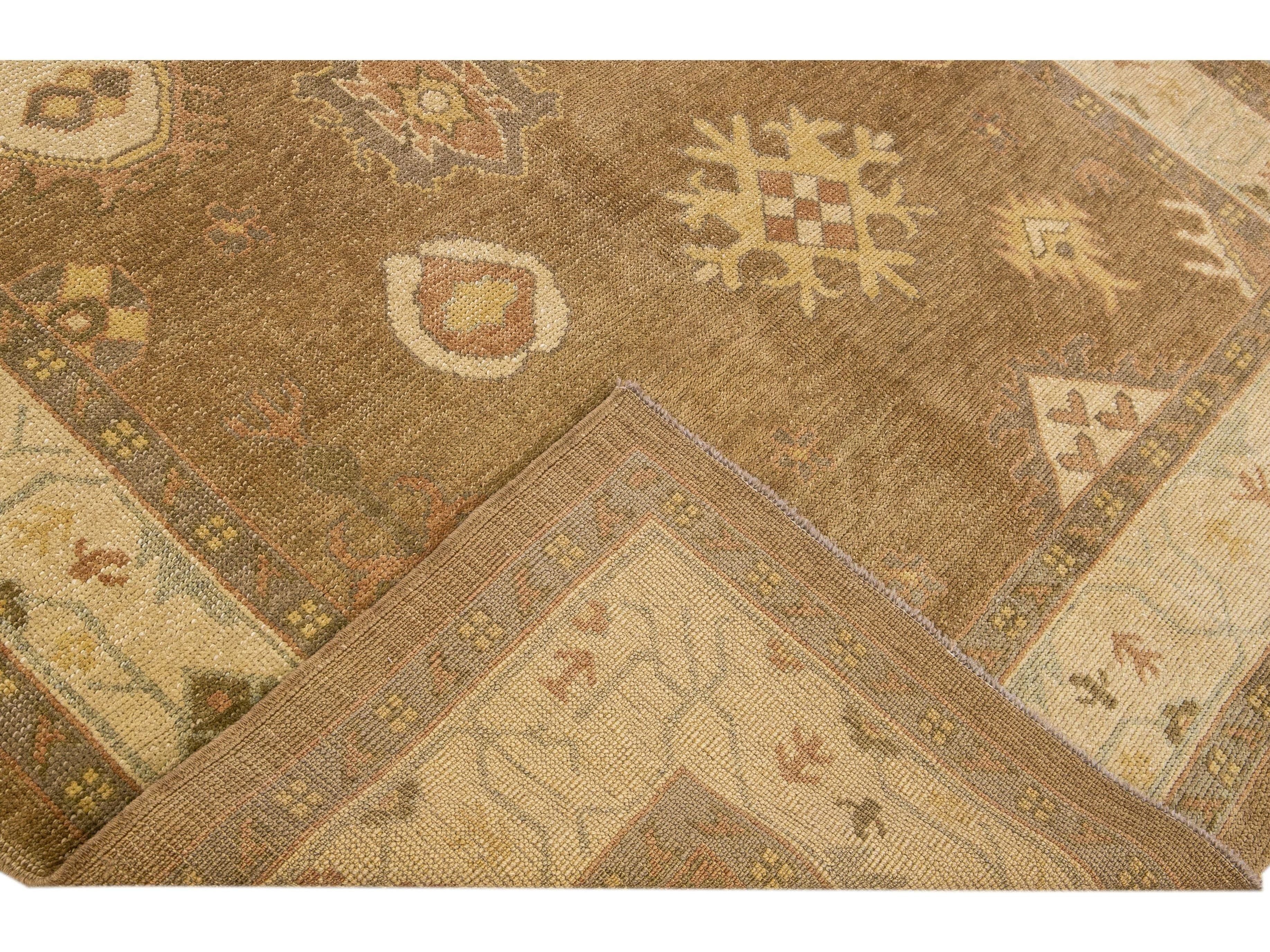 Modern Turkish Oushak Handmade Floral Motif Brown Wool Rug 