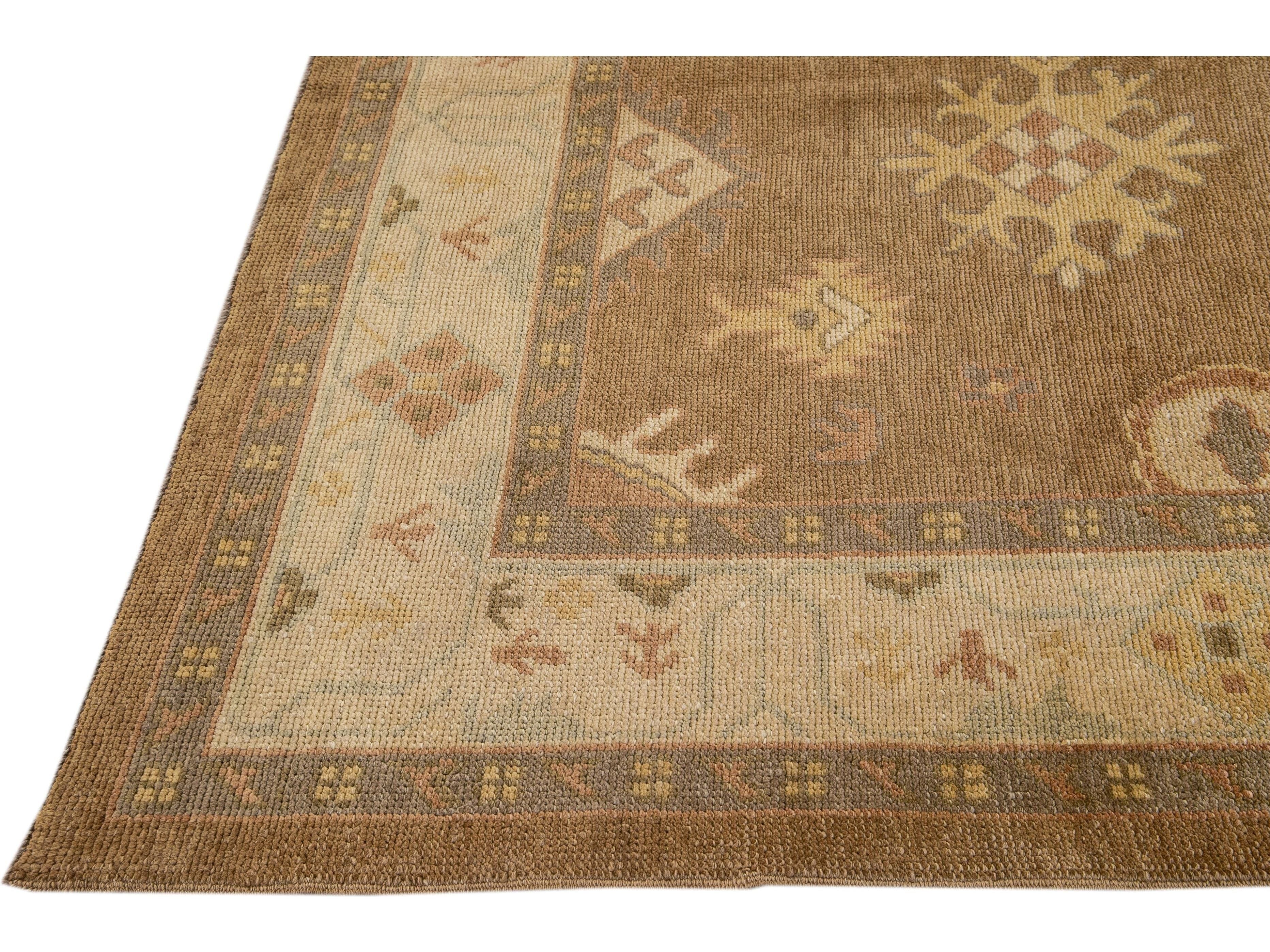 Modern Turkish Oushak Handmade Floral Motif Brown Wool Rug .