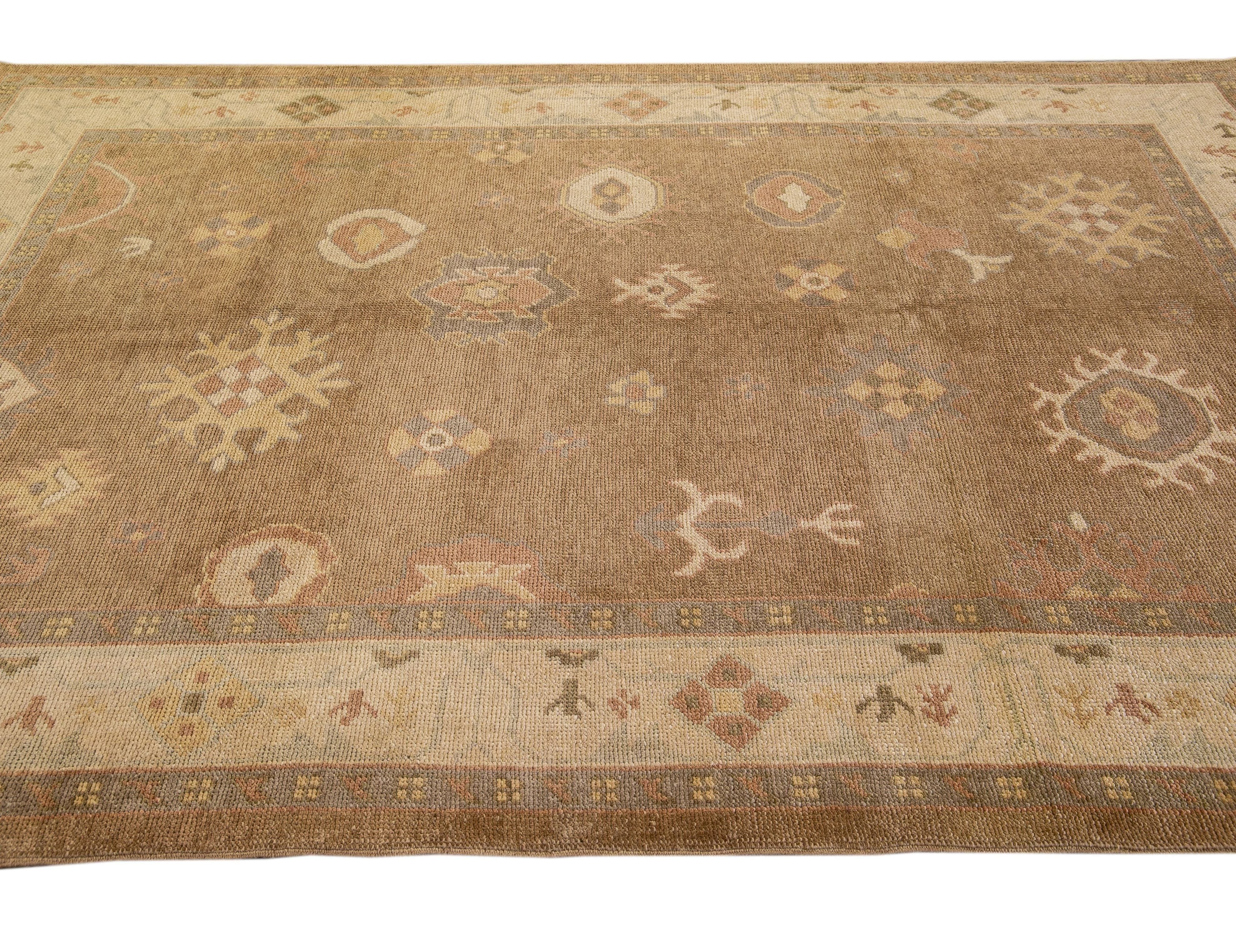 Modern Turkish Oushak Handmade Floral Motif Brown Wool Rug 