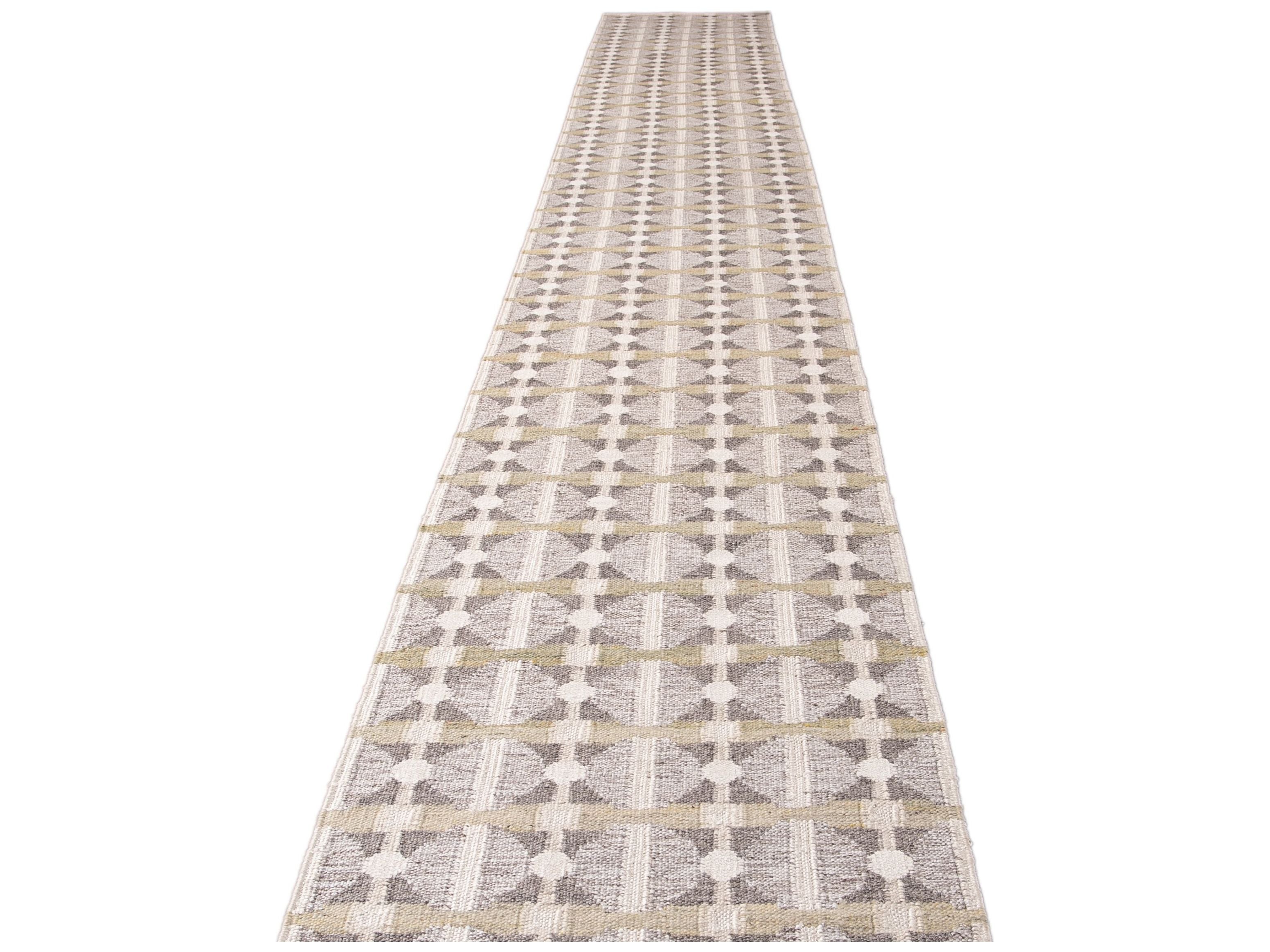 Modern Swedish Style Gray and Beige Handmade Geometric Wool Runner