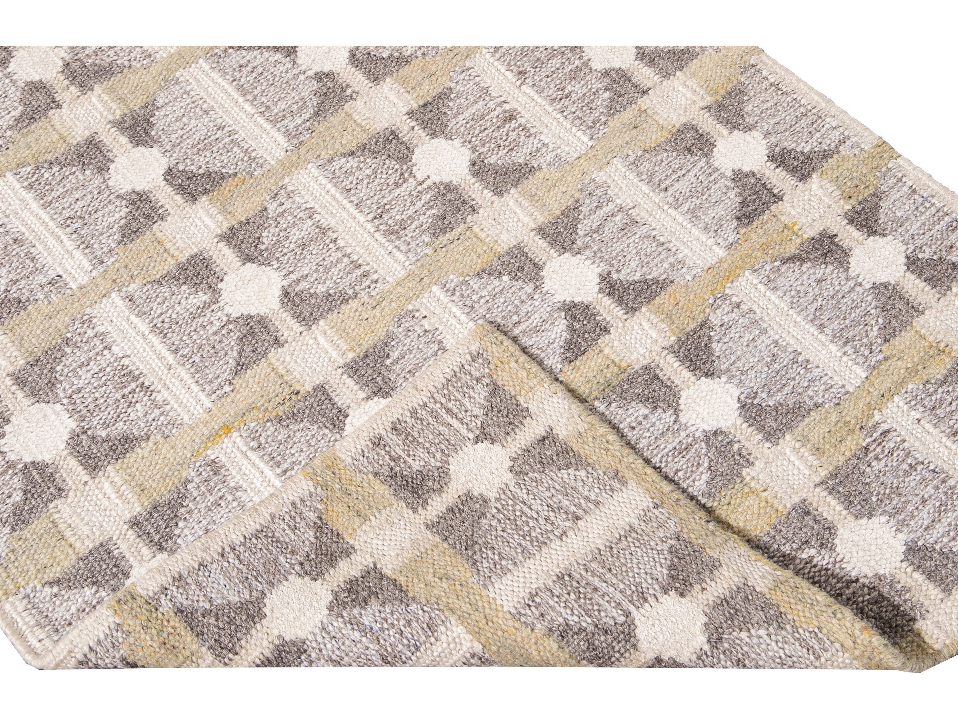 Modern Swedish Style Gray and Beige Handmade Geometric Wool Runner