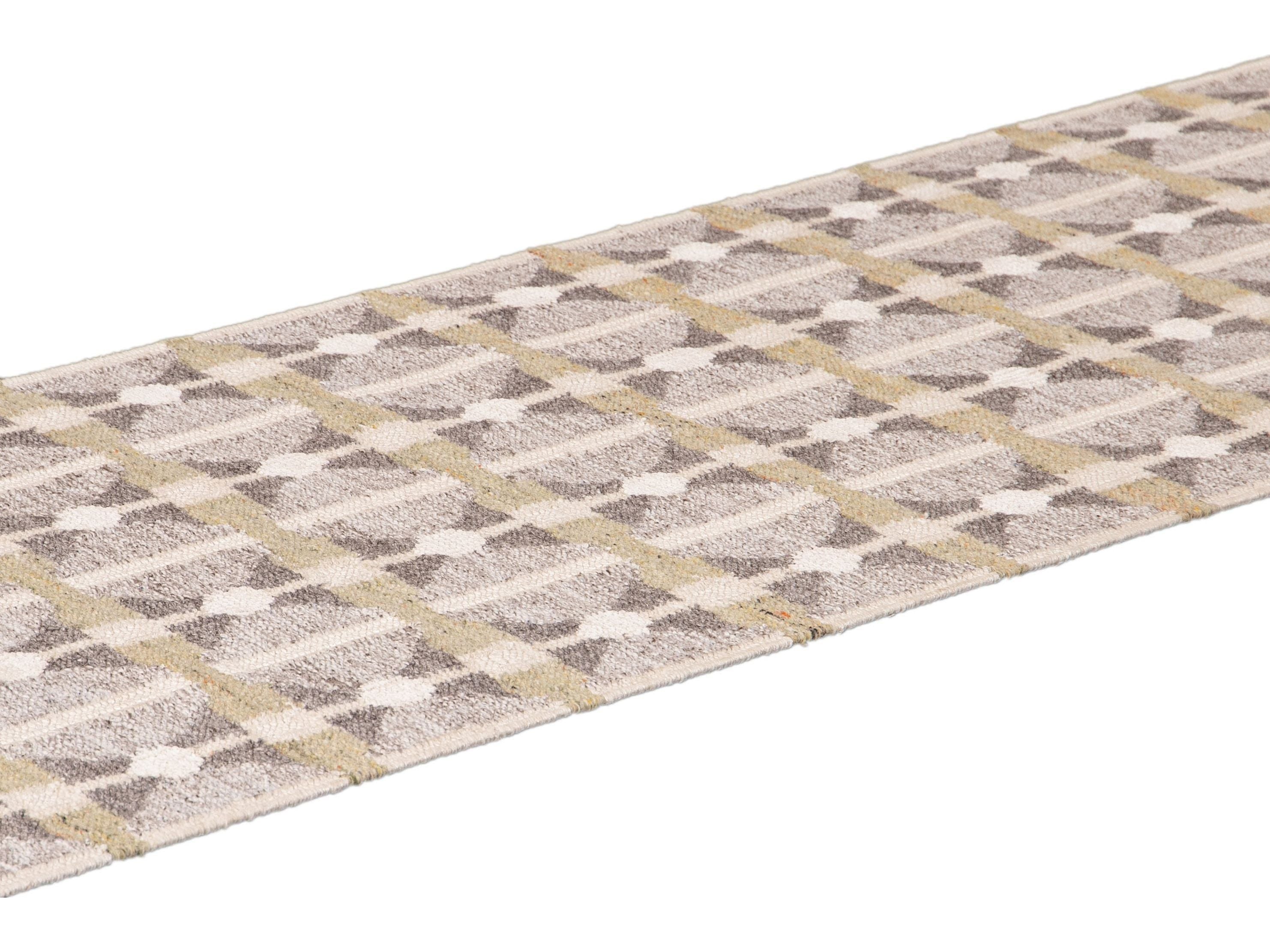 Modern Swedish Style Gray and Beige Handmade Geometric Wool Runner