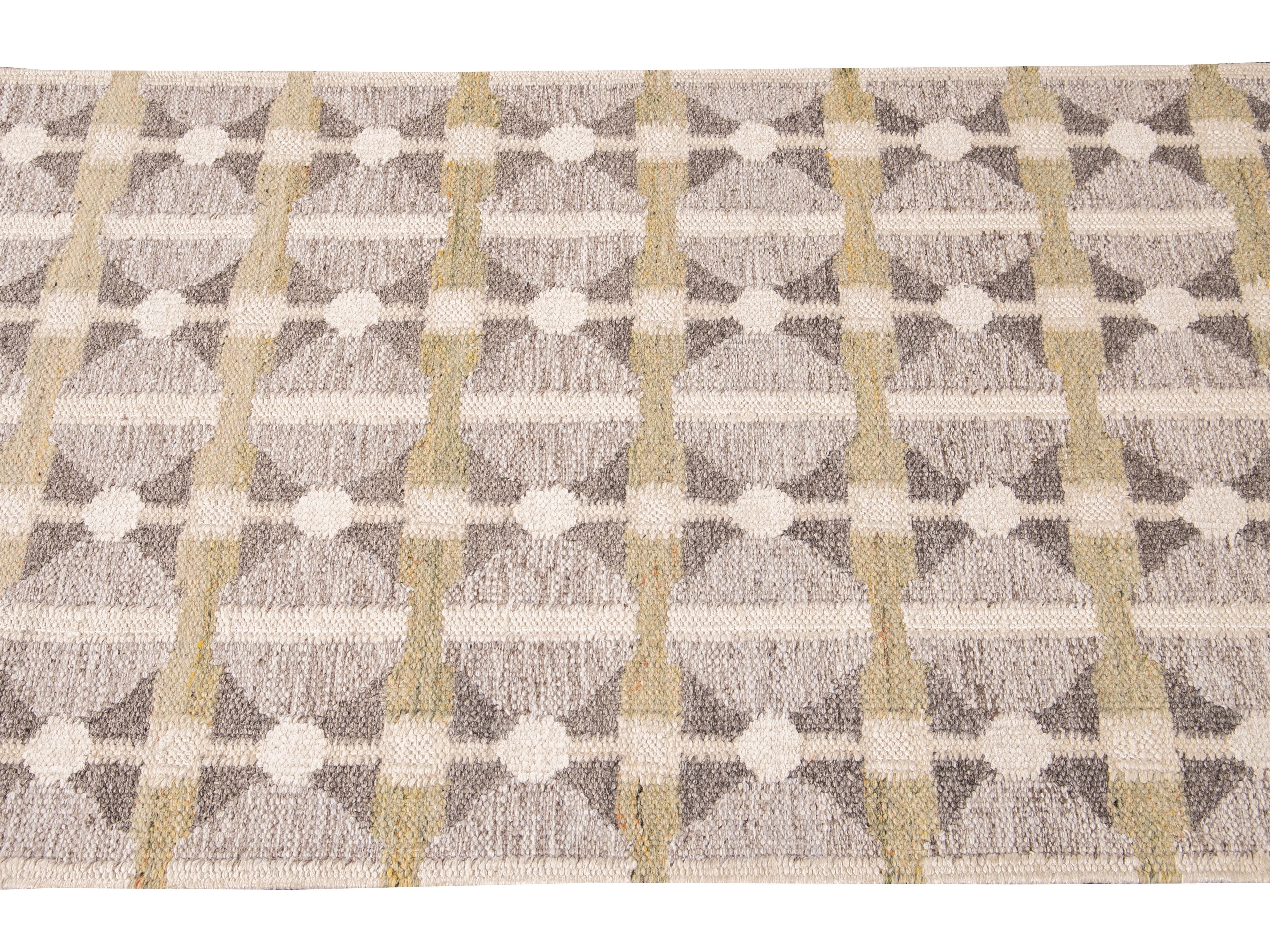 Modern Swedish Style Gray and Beige Handmade Geometric Wool Runner