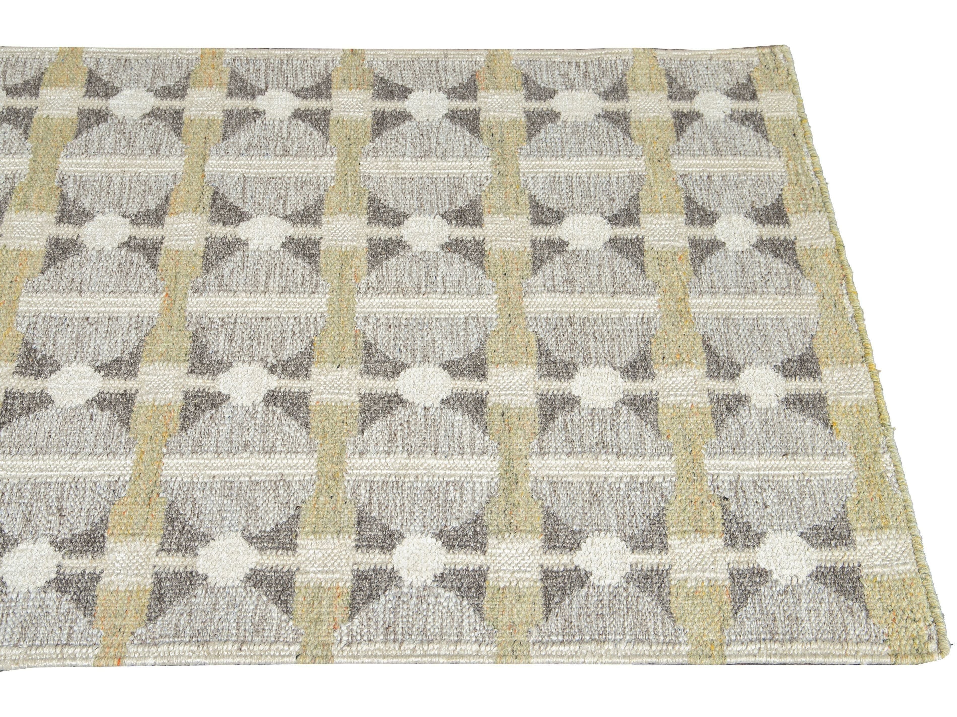Modern Swedish Style Gray and Beige Handmade Geometric Wool Runner