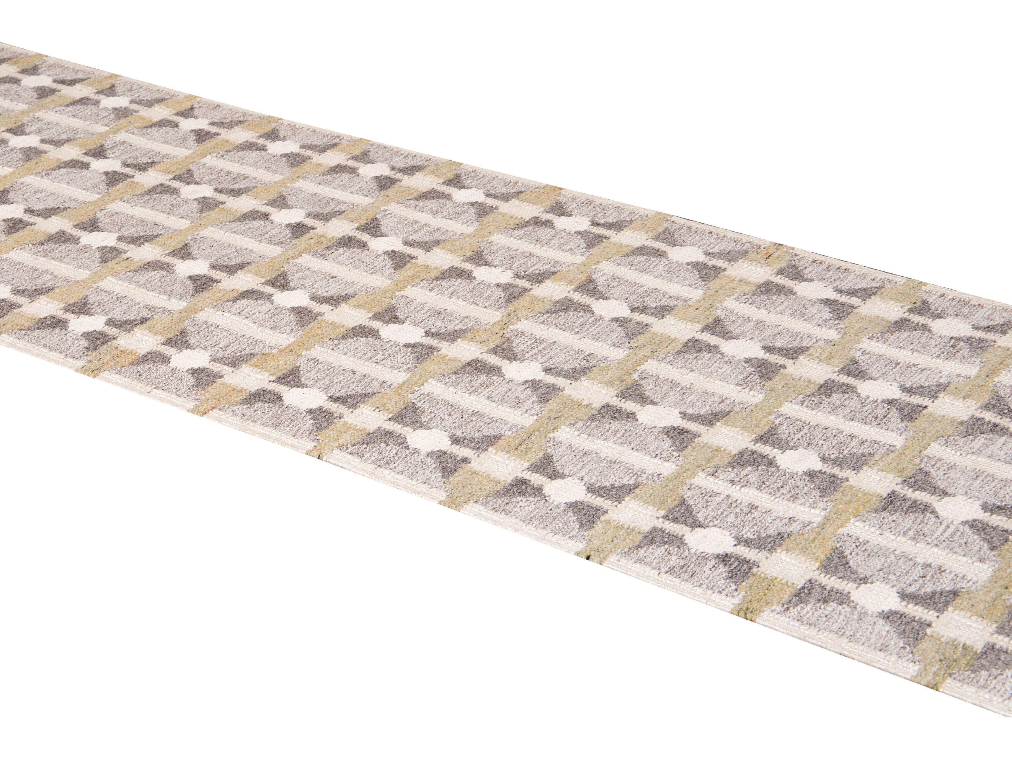Modern Swedish Style Gray and Beige Handmade Geometric Wool Runner