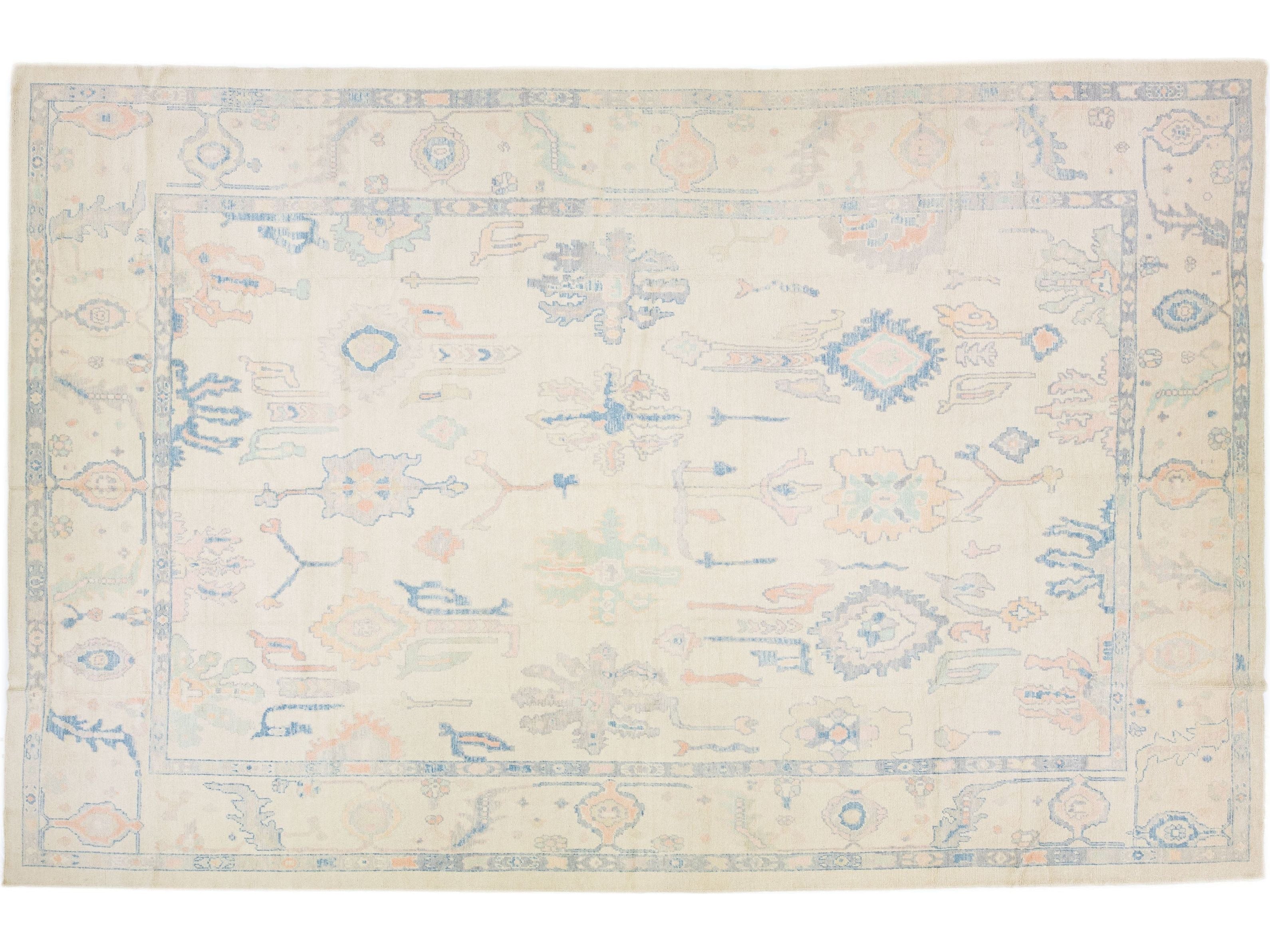 Oversize Modern Turkish Oushak Handmade Floral Wool Rug With Muted Colors