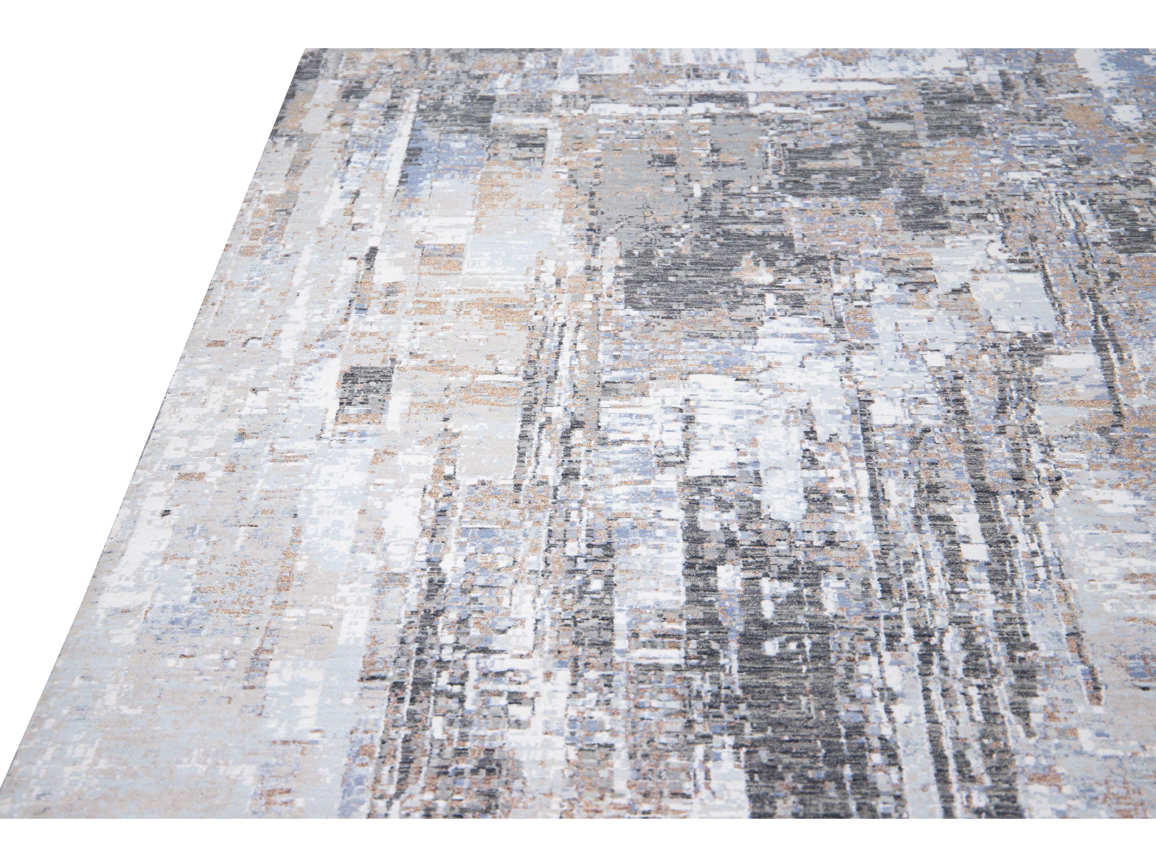Modern Indian Handmade Abstract Blue Wool and Silk Rug