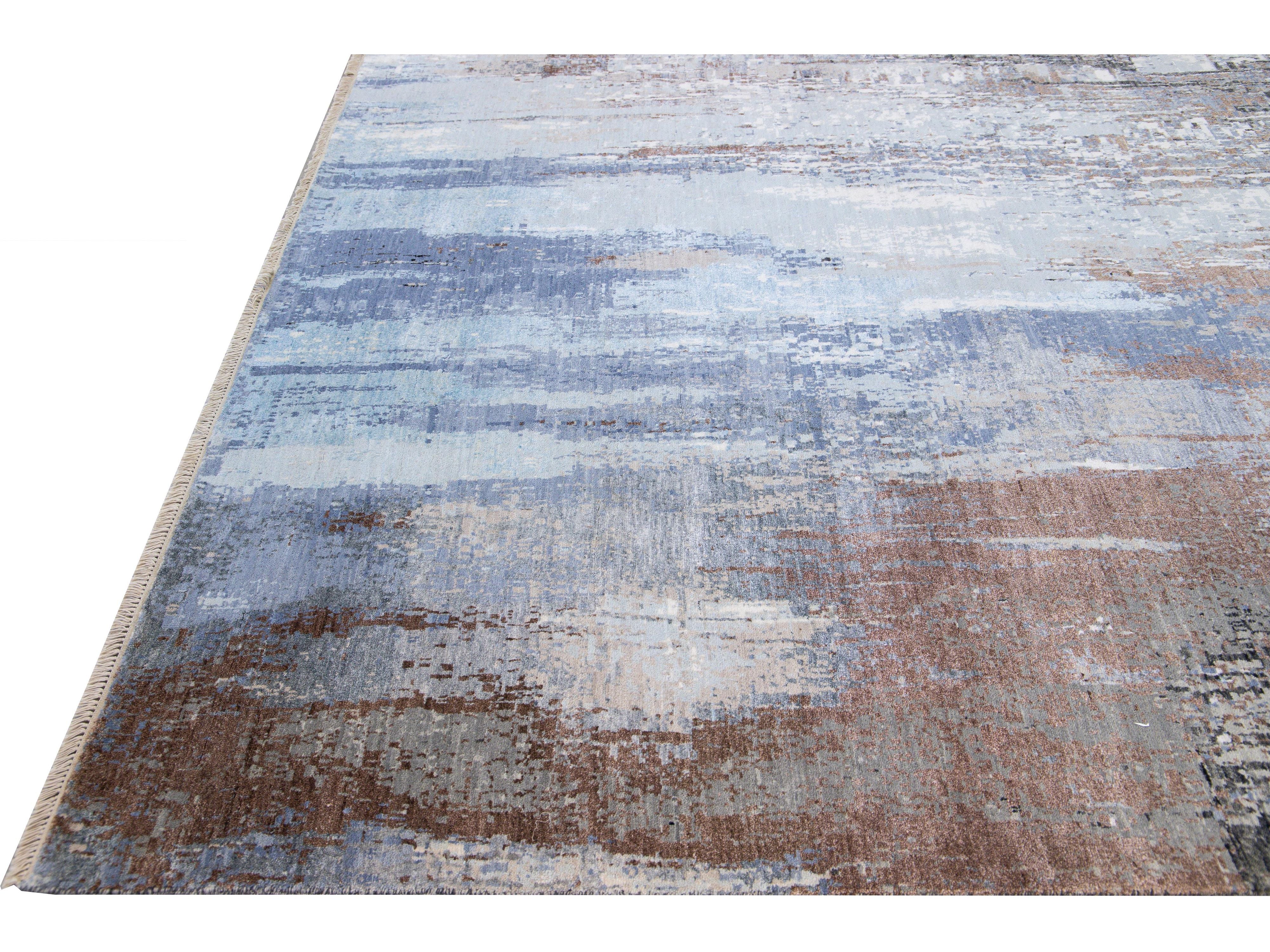 Modern Indian Handmade Abstract Blue Wool and Silk Rug