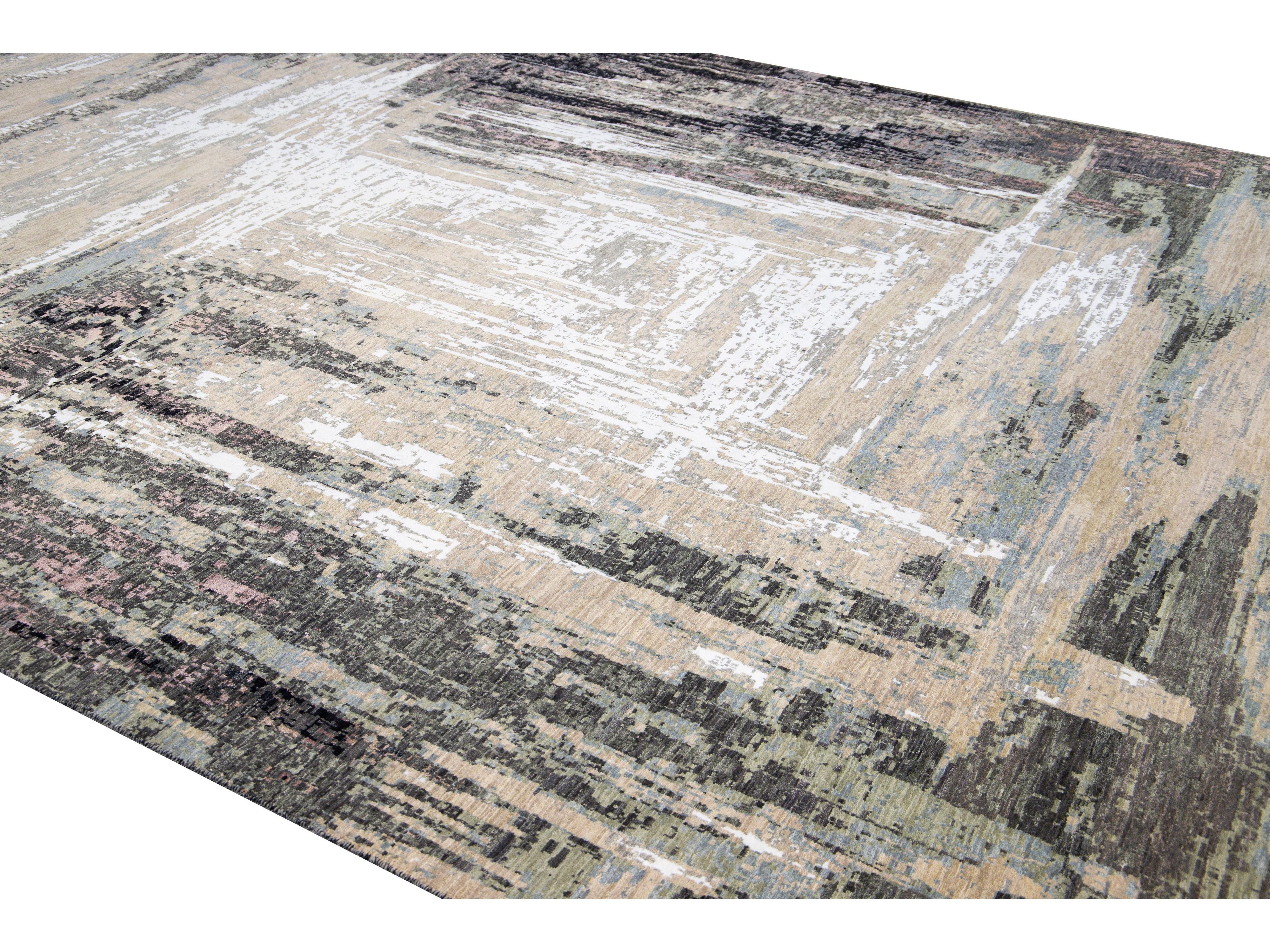 Modern Indian Abstract Beige and Gray Handmade Wool and Silk Rug