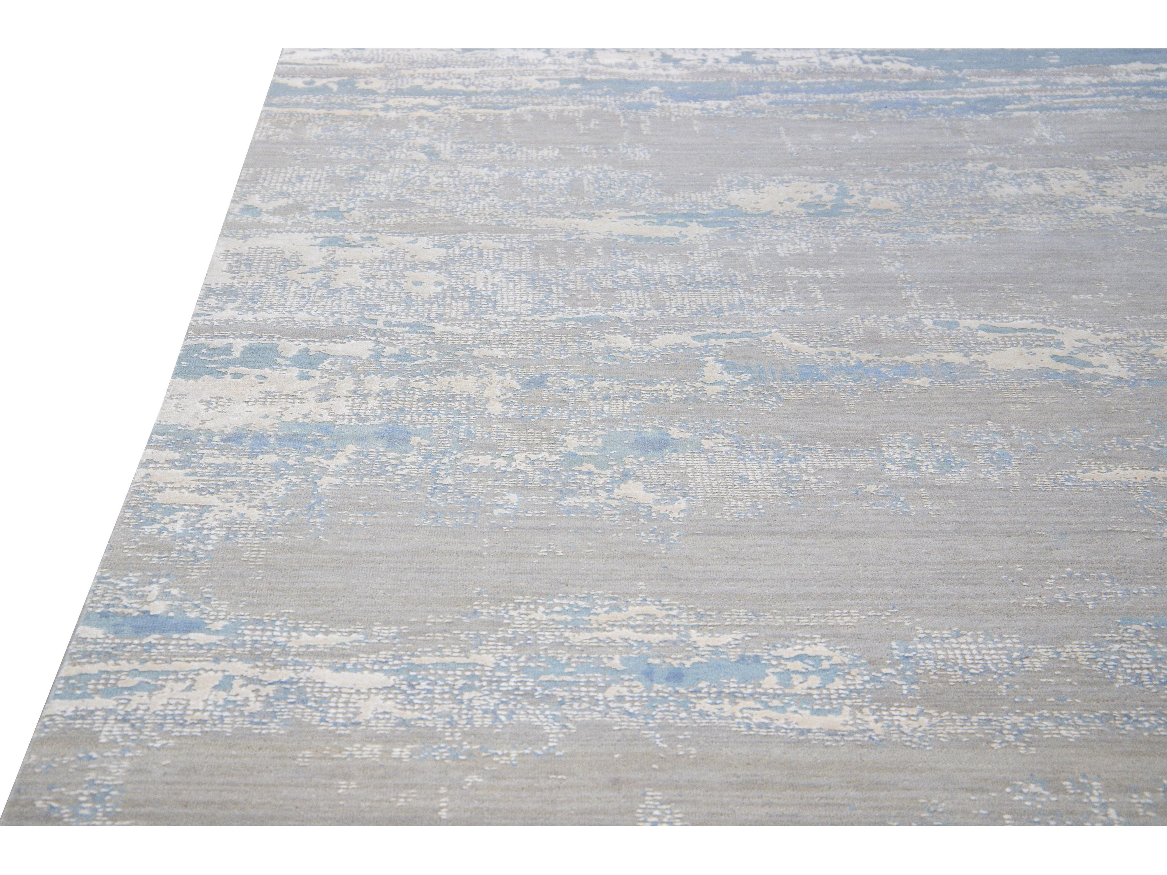 Modern Abstract Indian Handmade Blue and Gray Wool and Silk Rug