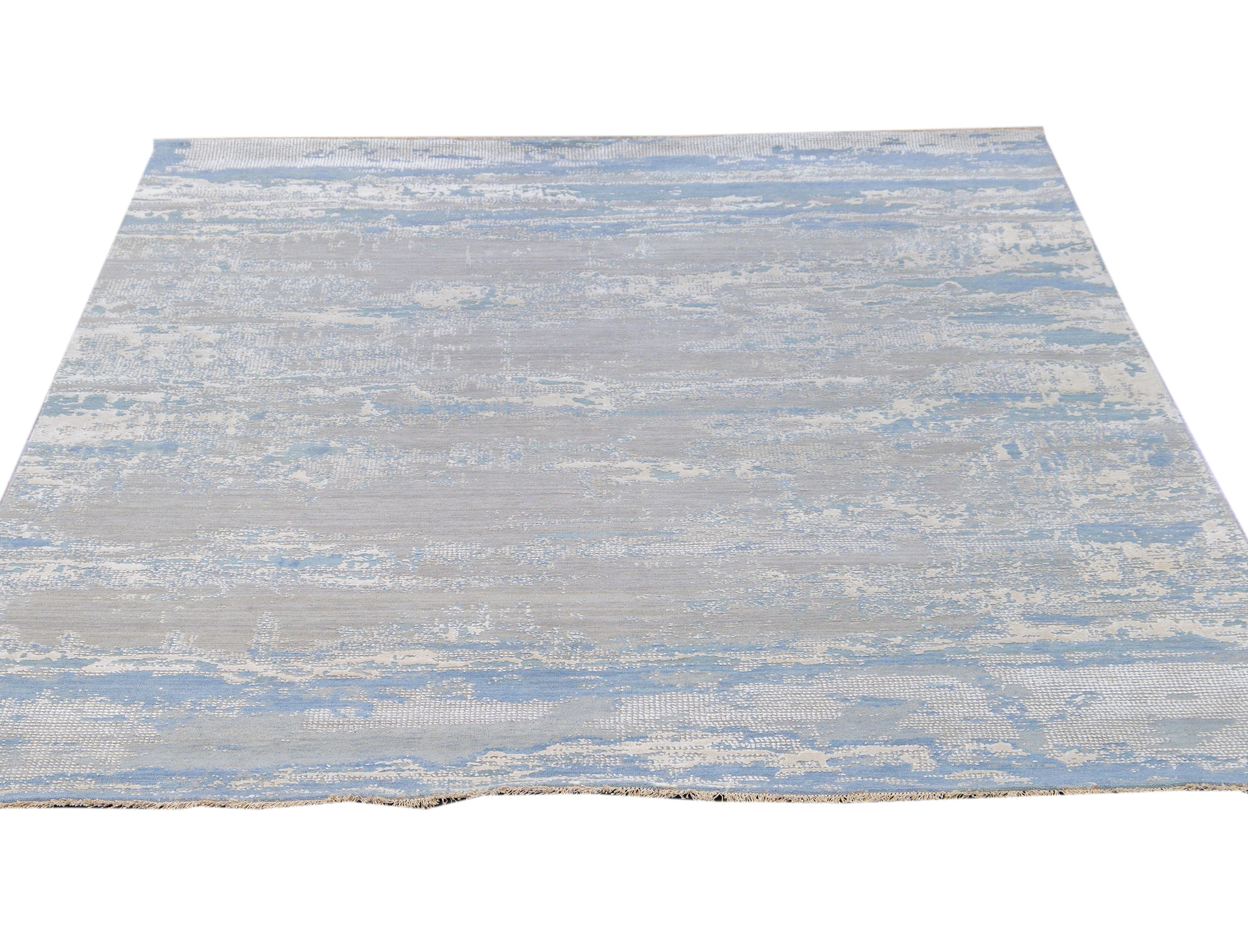 Modern Abstract Indian Handmade Blue and Gray Wool and Silk Rug