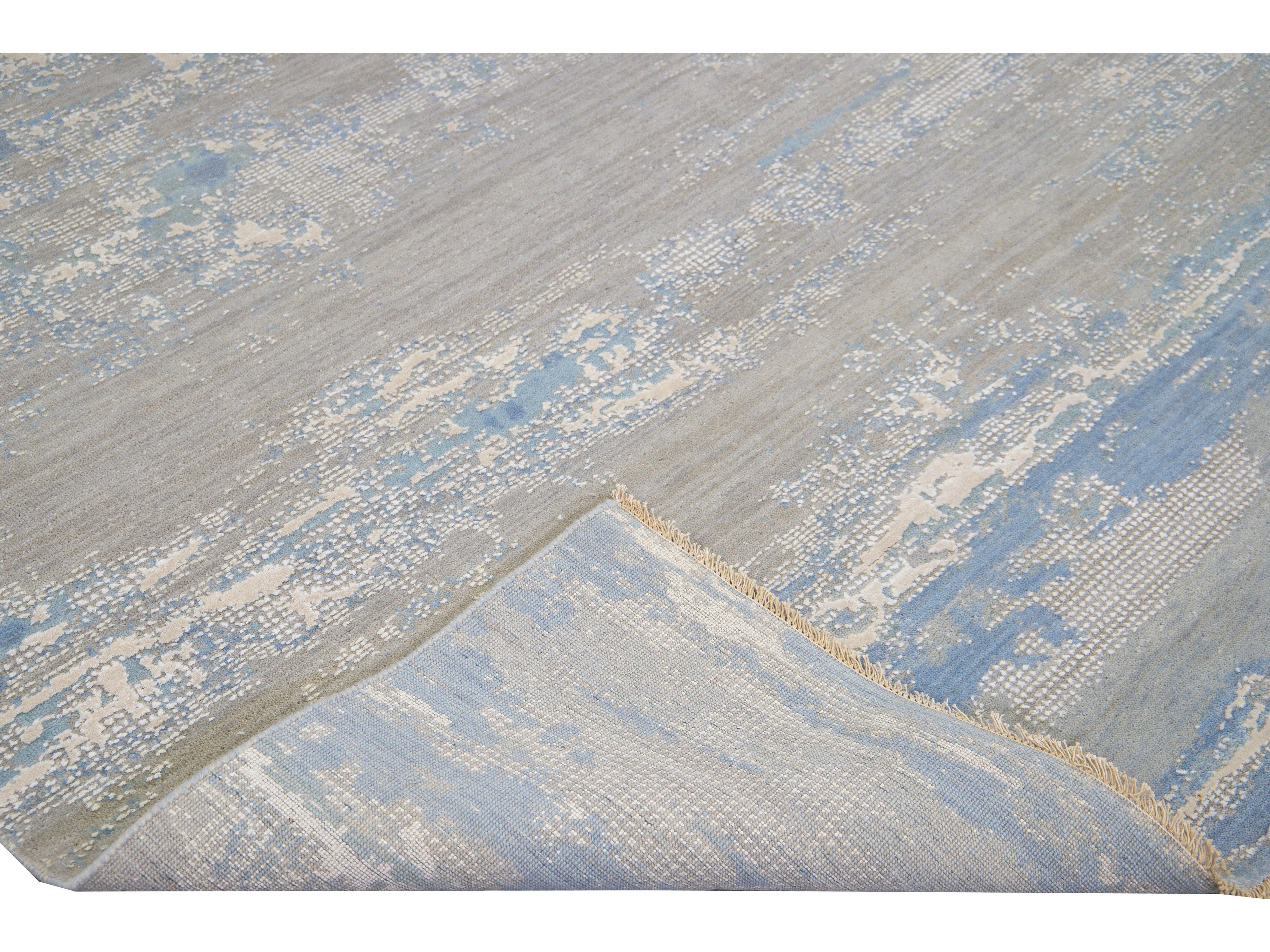 Modern Abstract Indian Handmade Blue and Gray Wool and Silk Rug