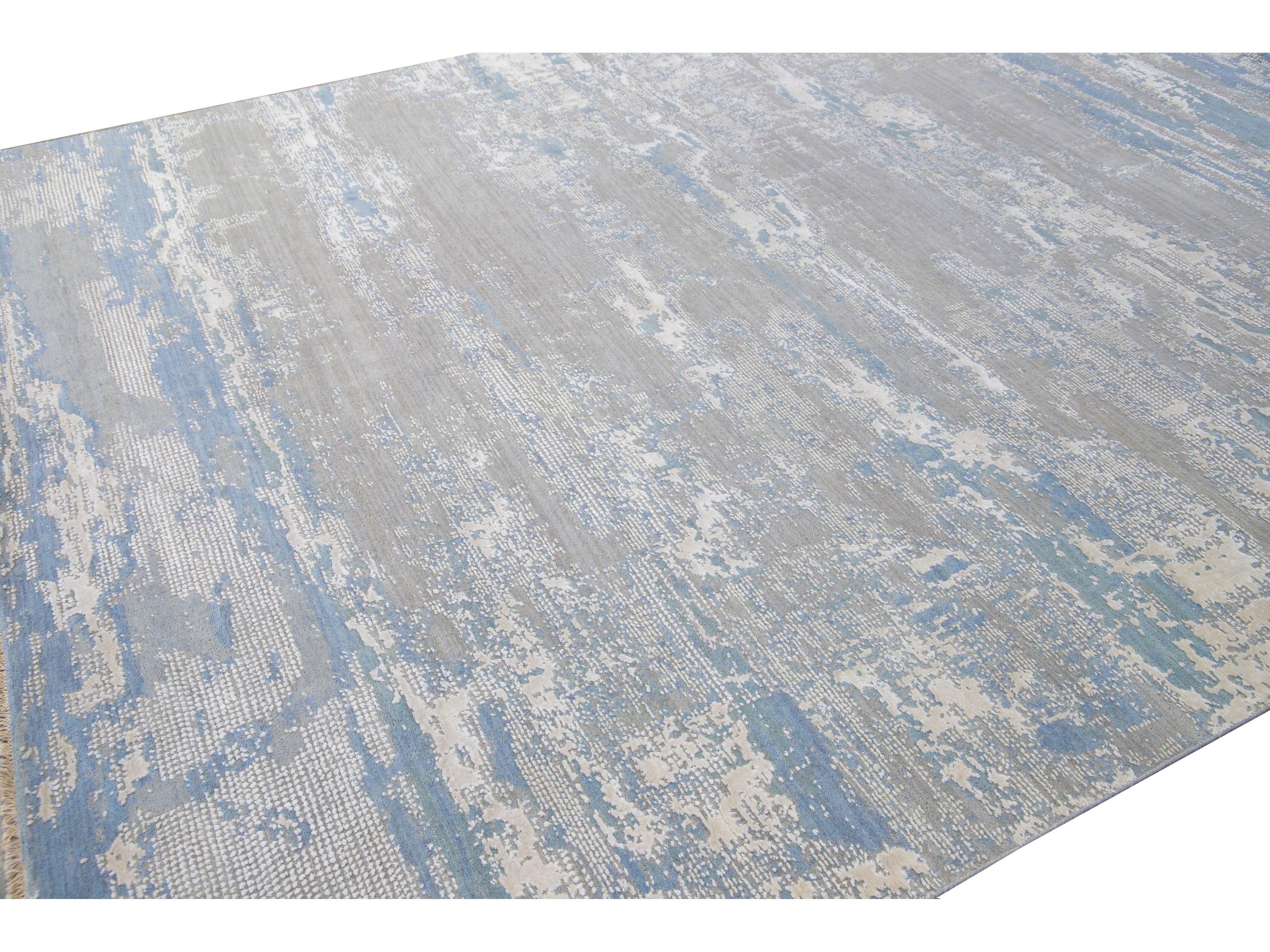 Modern Abstract Indian Handmade Blue and Gray Wool and Silk Rug