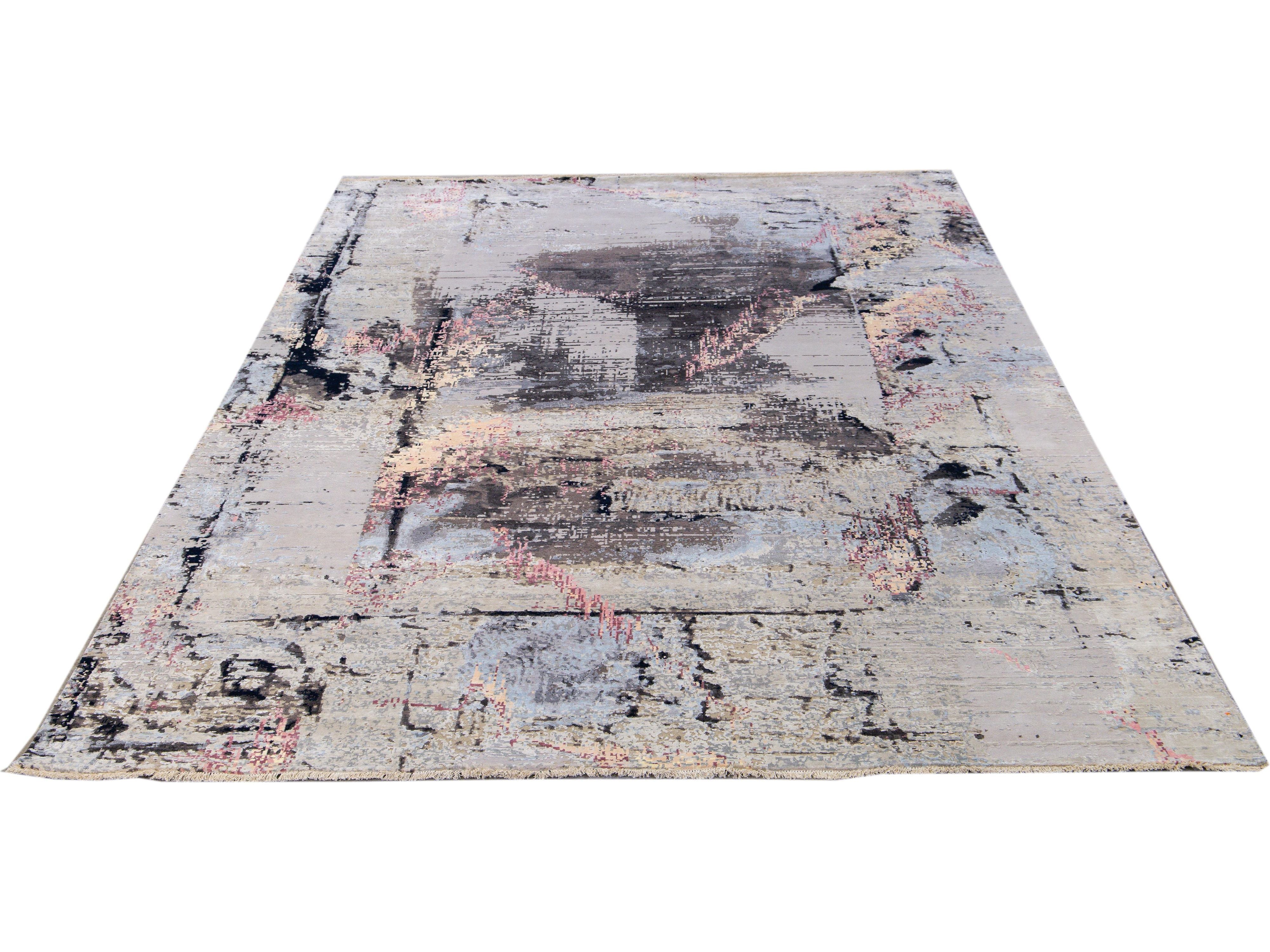 Modern Indian Handmade Gray Abstract Wool and Silk Rug