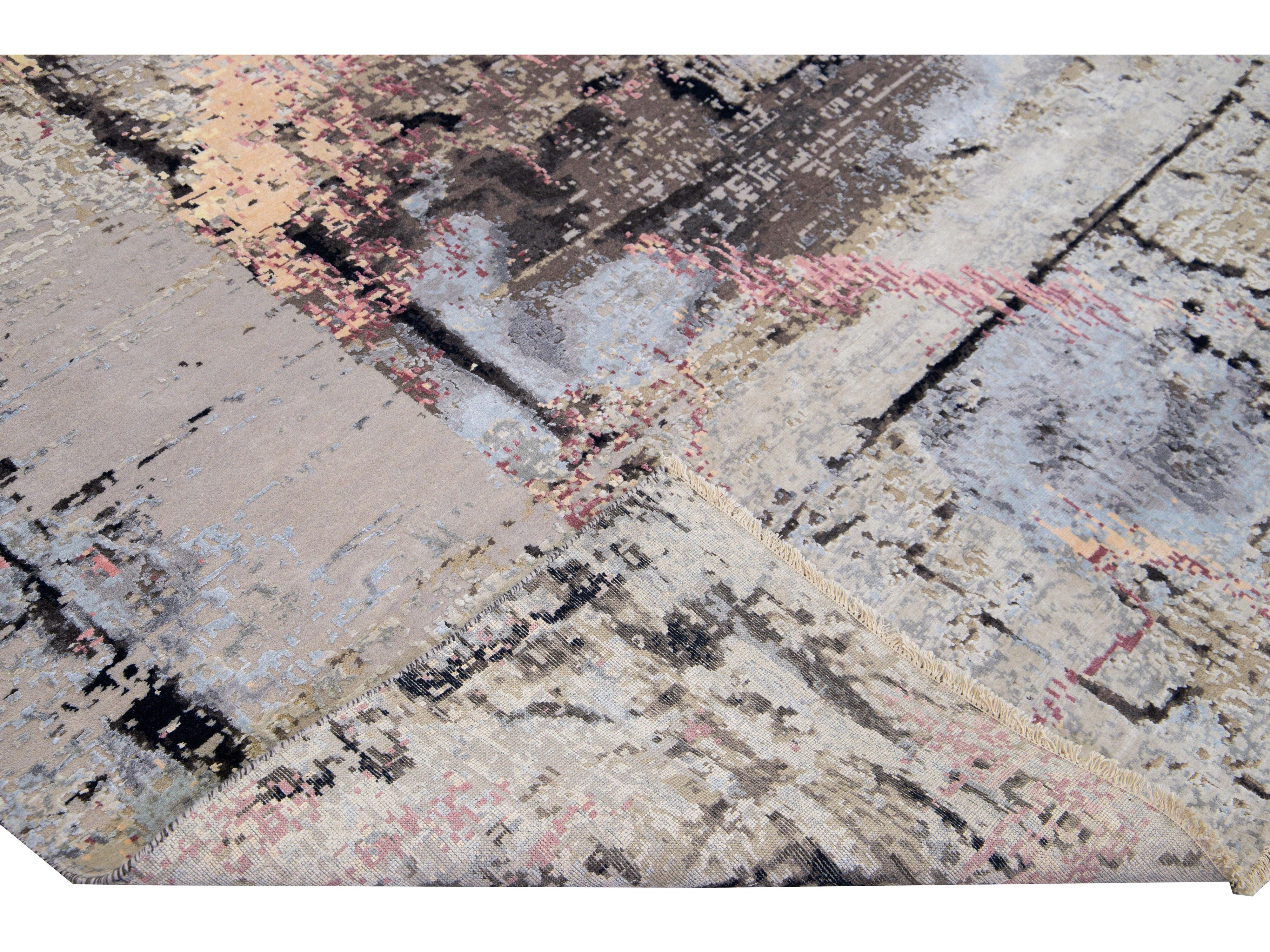 Modern Indian Handmade Gray Abstract Wool and Silk Rug