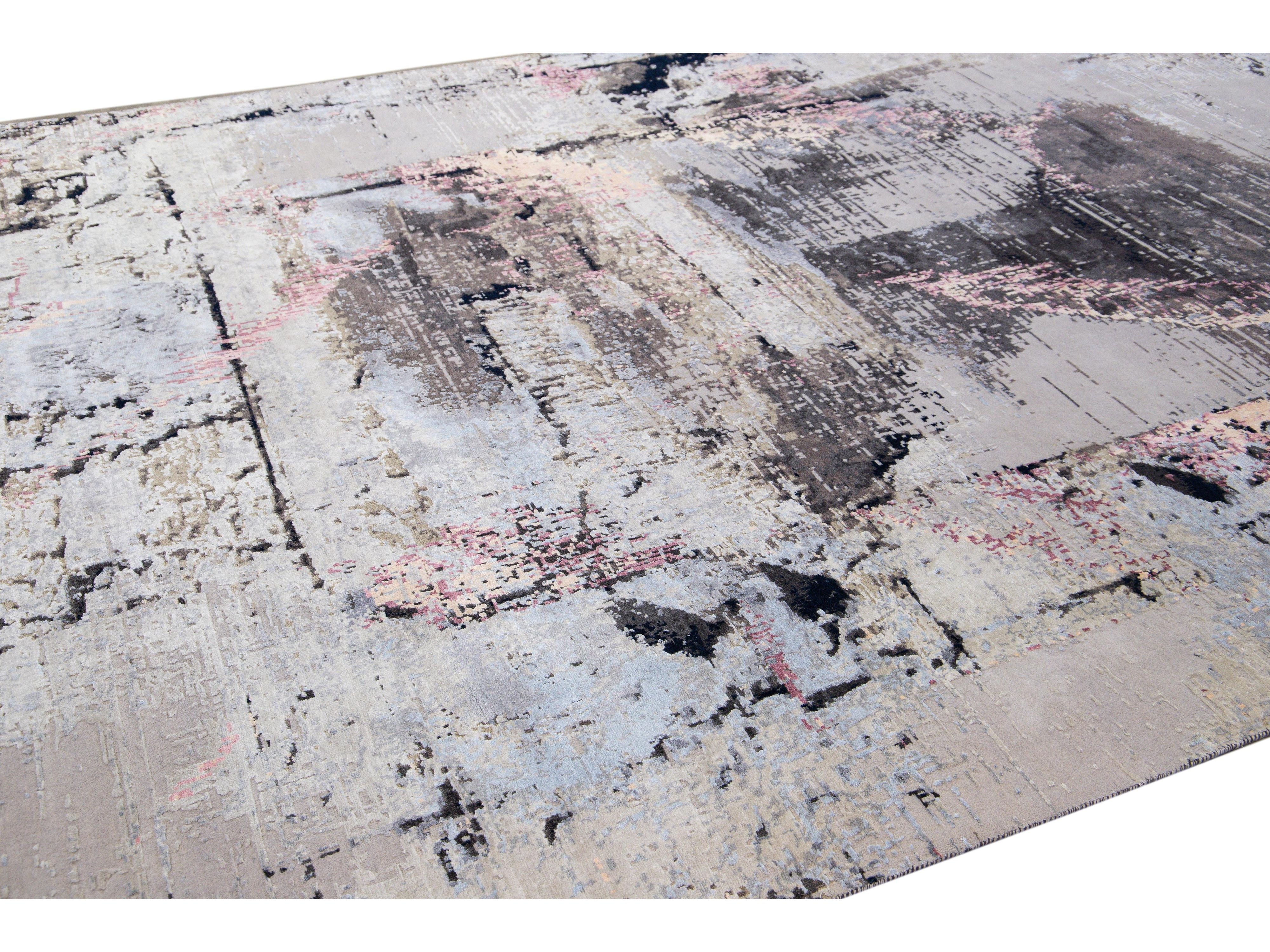 Modern Indian Handmade Gray Abstract Wool and Silk Rug