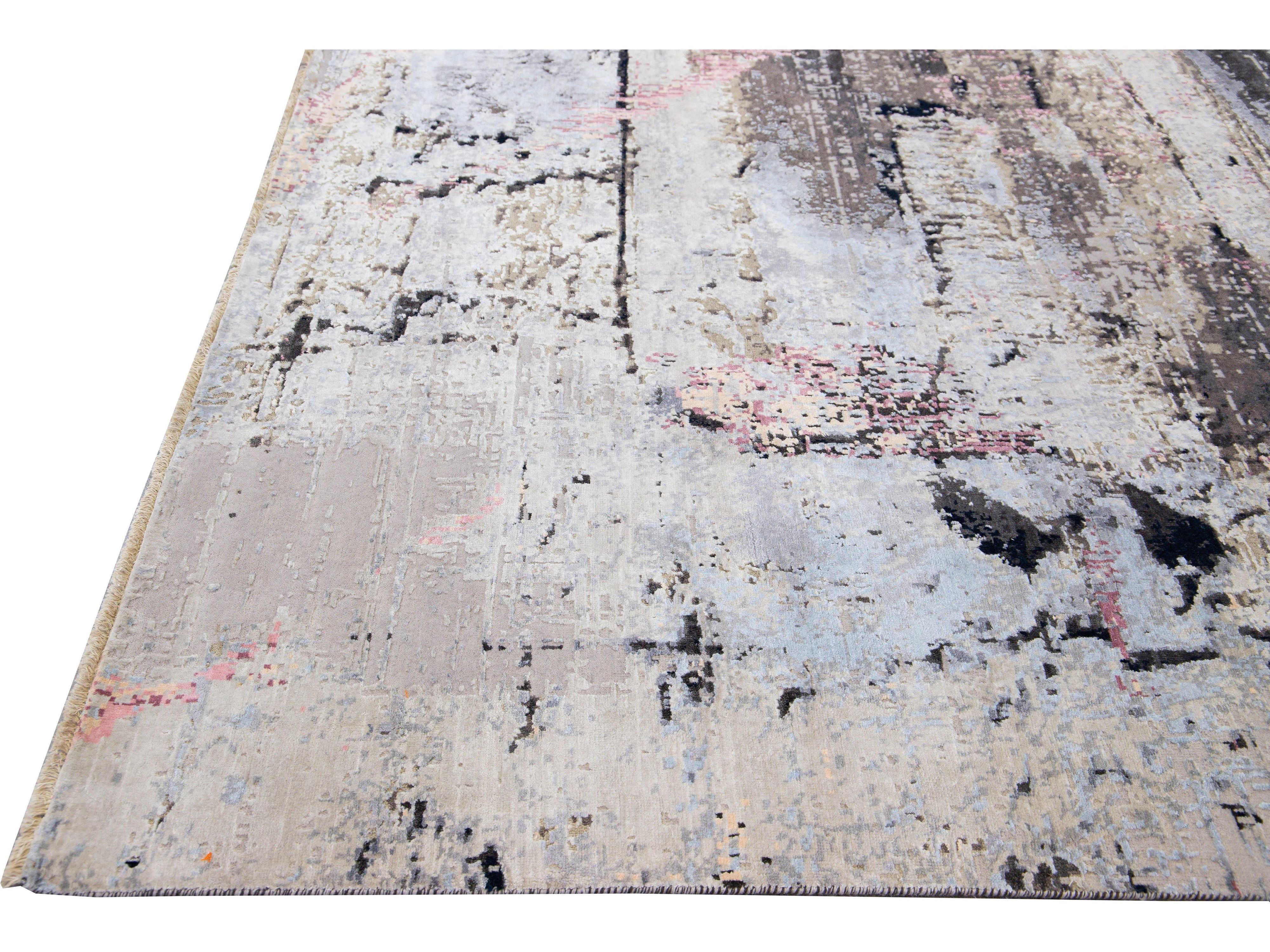 Modern Indian Handmade Gray Abstract Wool and Silk Rug