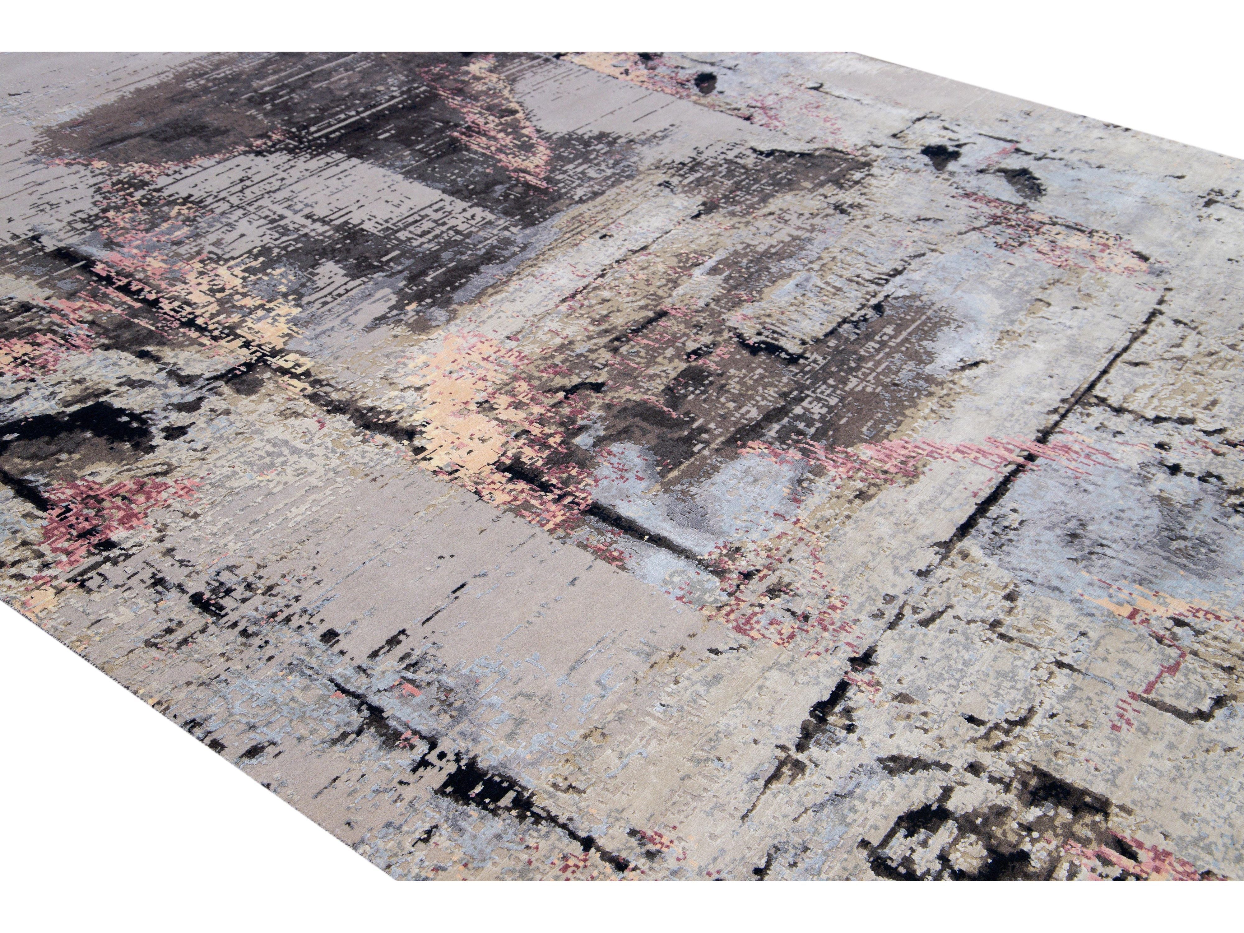 Modern Indian Handmade Gray Abstract Wool and Silk Rug