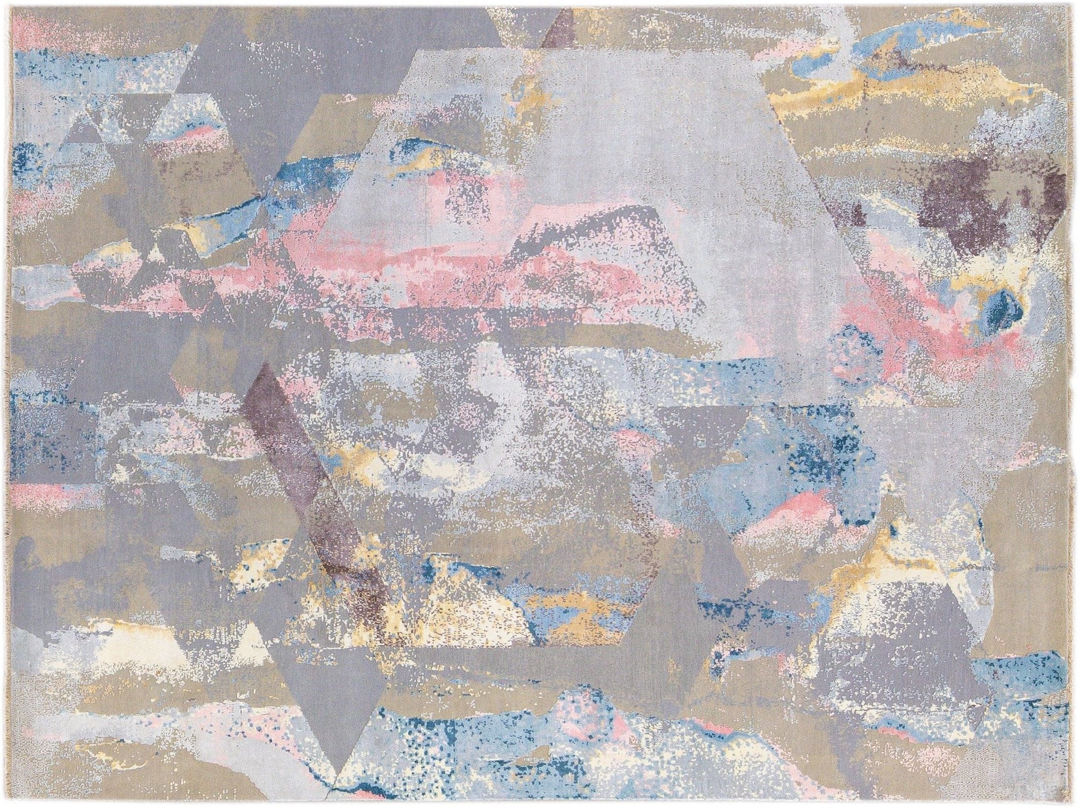 Modern Indian Abstract Handmade Multicolor Wool and Silk Rug