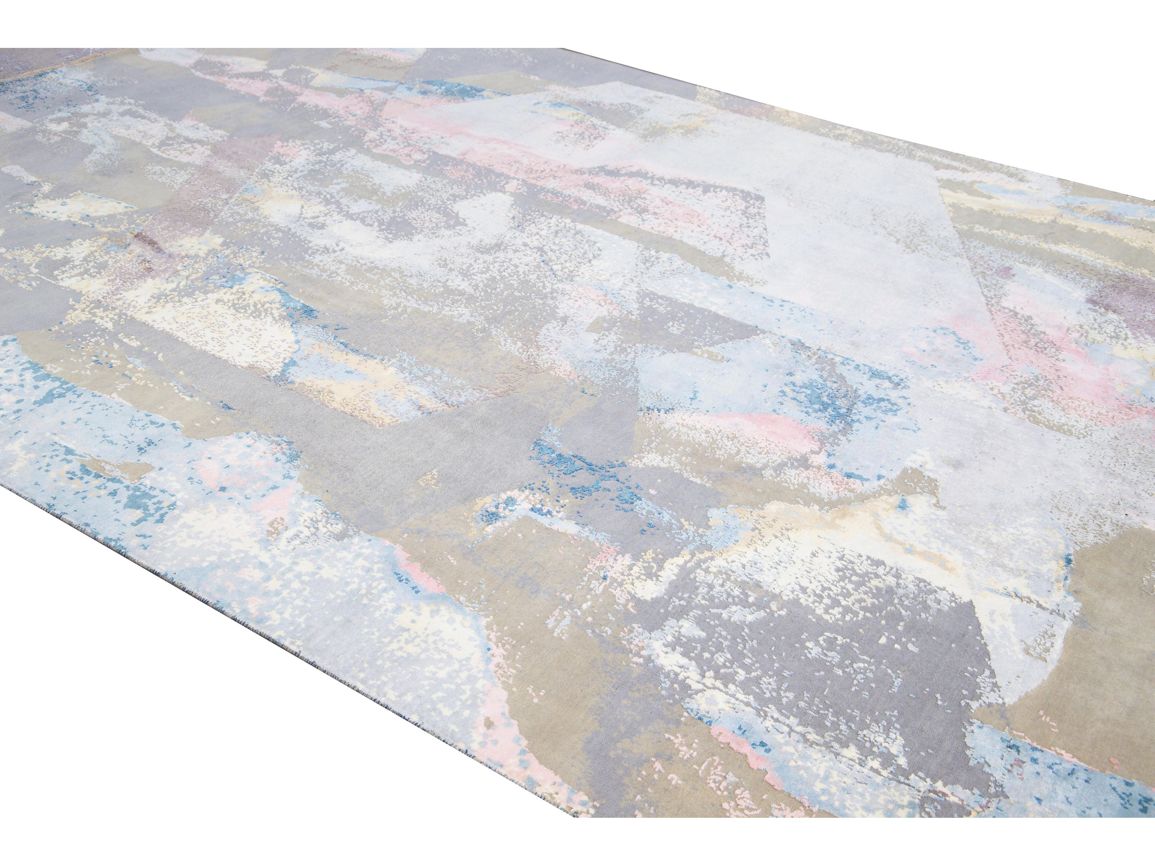 Modern Indian Abstract Handmade Multicolor Wool and Silk Rug