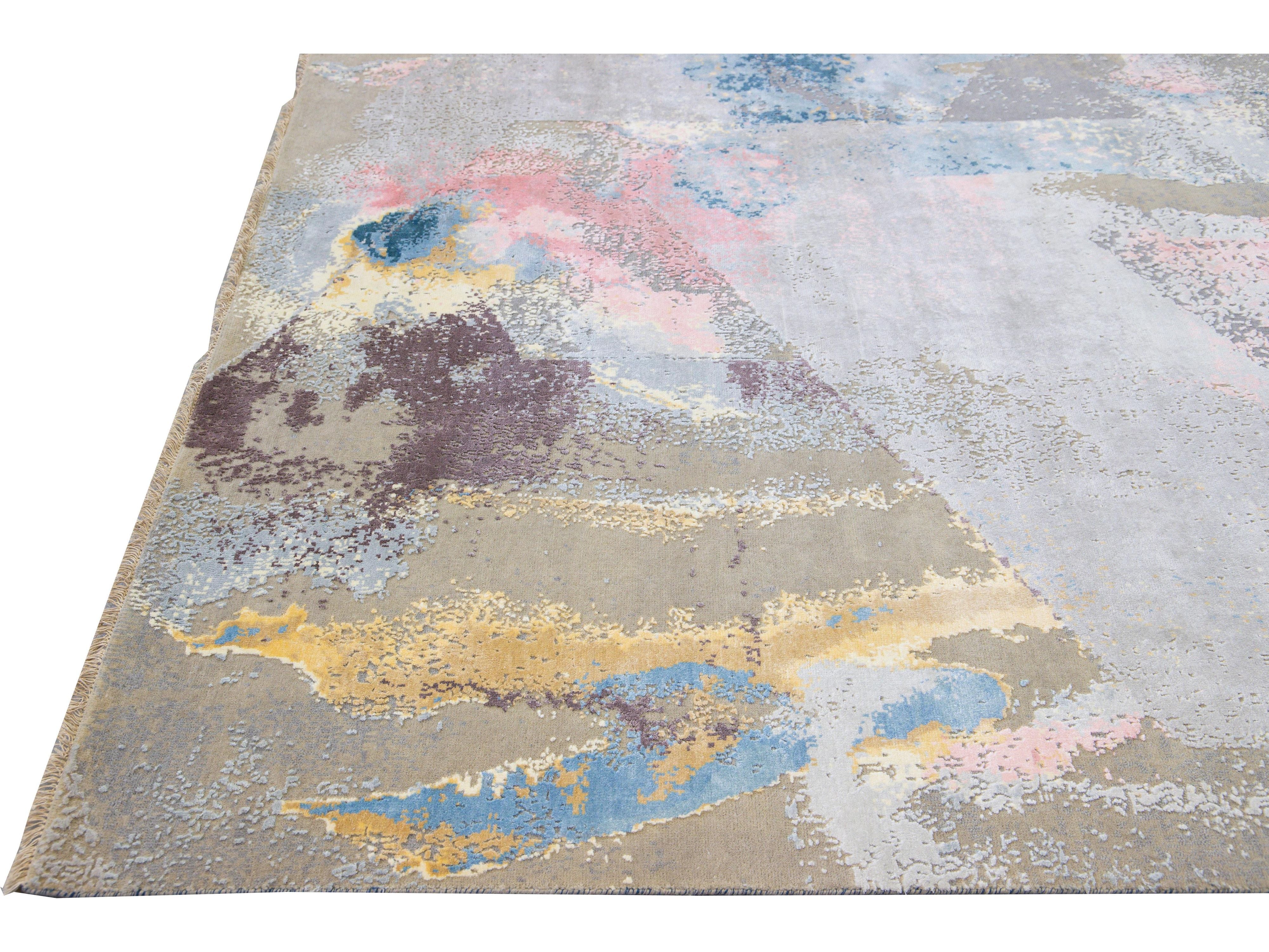 Modern Indian Abstract Handmade Multicolor Wool and Silk Rug