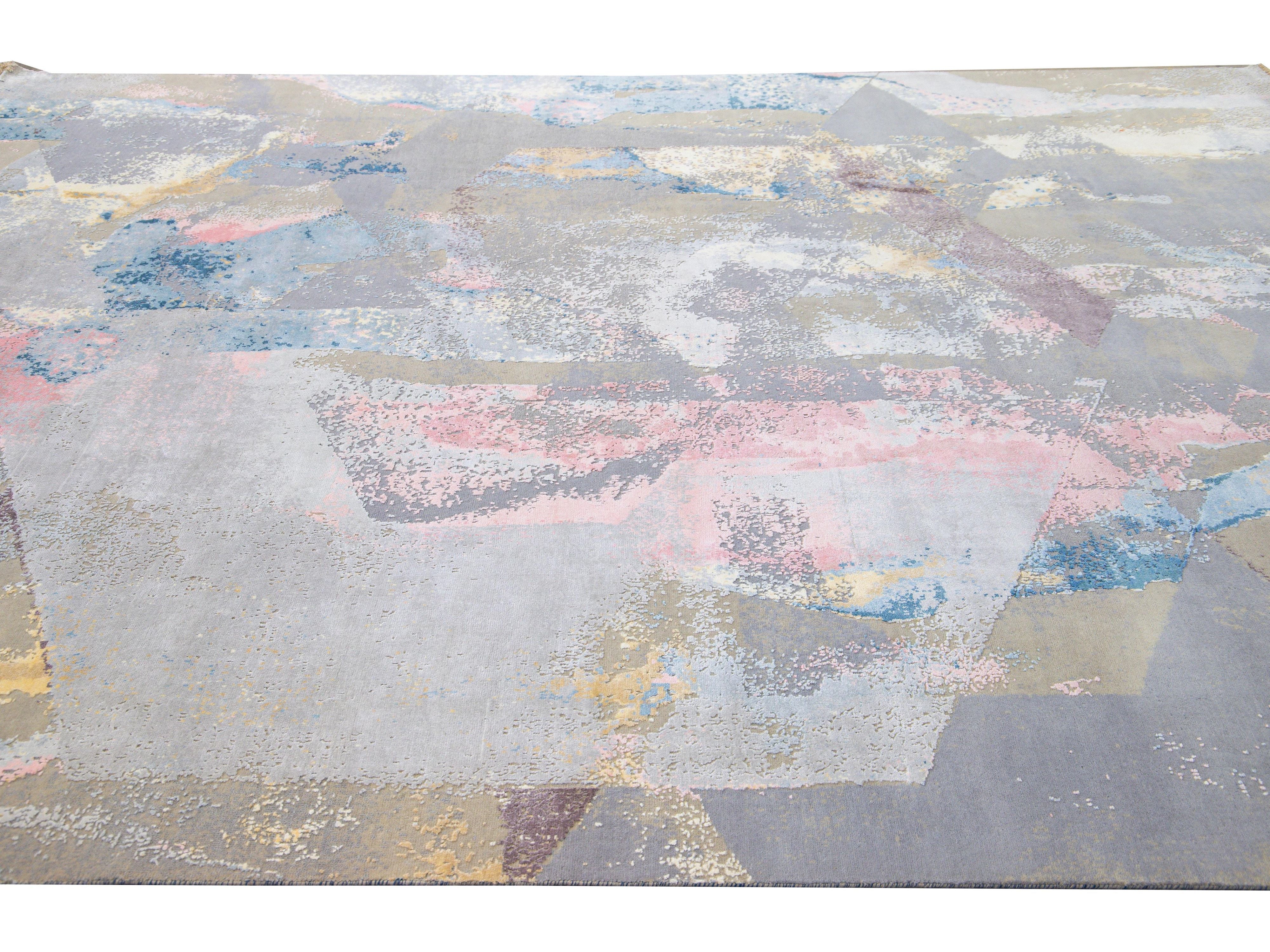 Modern Indian Abstract Handmade Multicolor Wool and Silk Rug