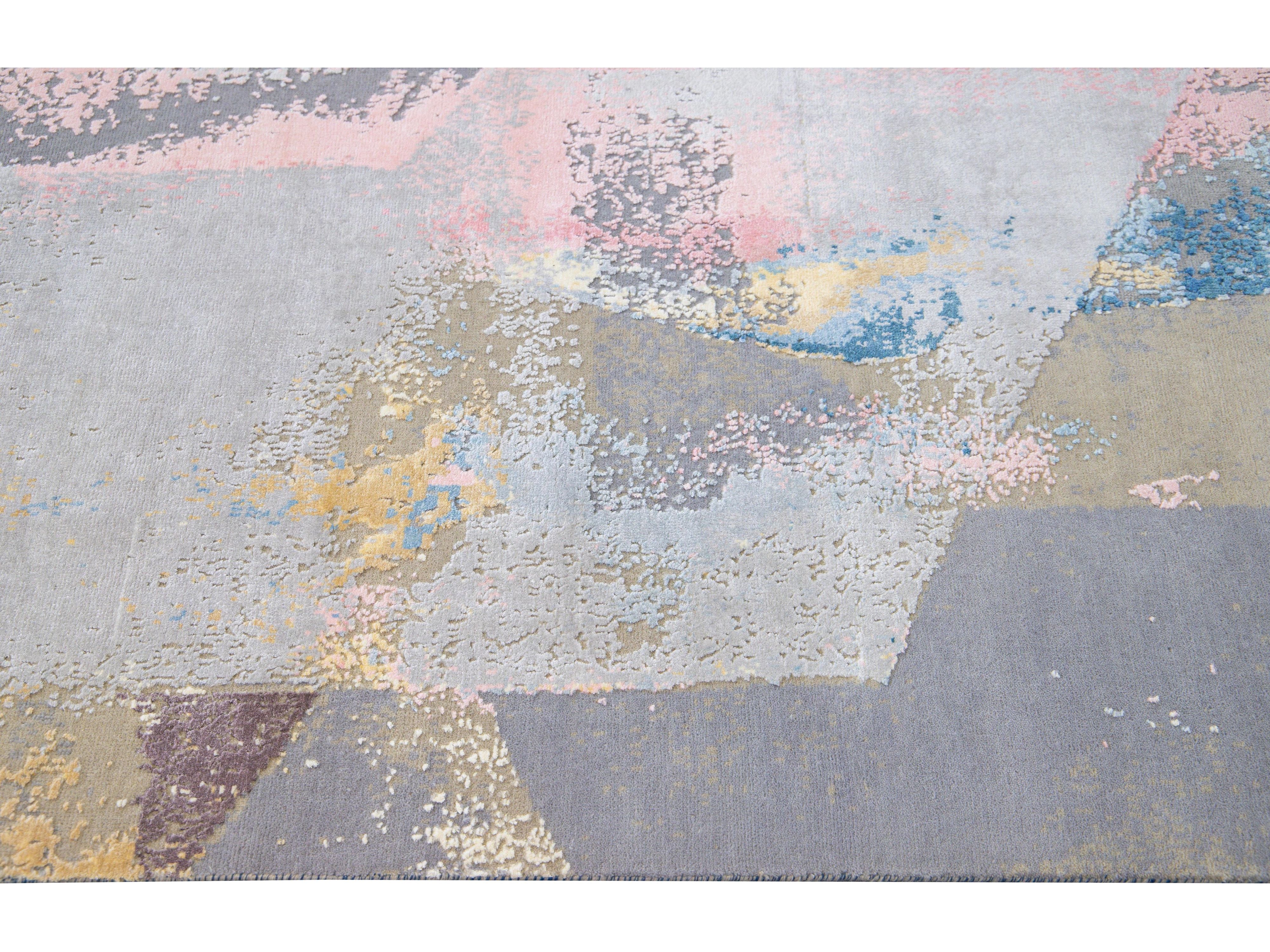 Modern Indian Abstract Handmade Multicolor Wool and Silk Rug